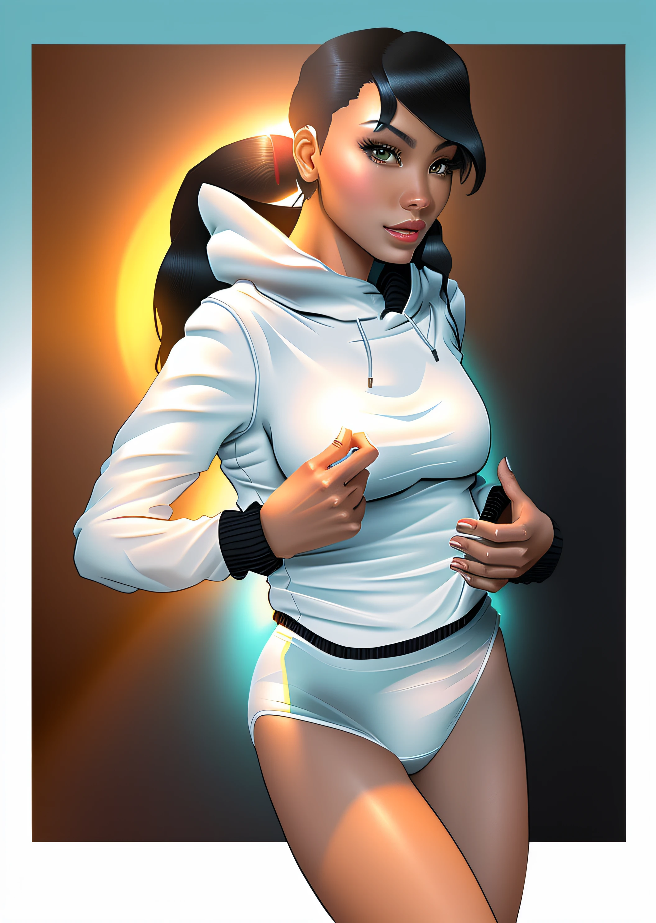 Dark-haired Blasian woman with pigtails, in white hoodie, and white cotton panties, comic book art style, intricate details