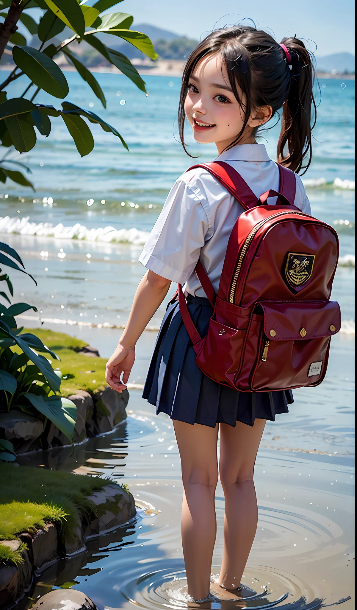 An innocent and cute -year-girl h double ponytail, loli style, laughing happily, carrying a red schoolboy backpack, wearing a cute school uniform, soaking her feet, crystal clear lake water, pebble beach, embellished with animal hangings. Look into the camera,