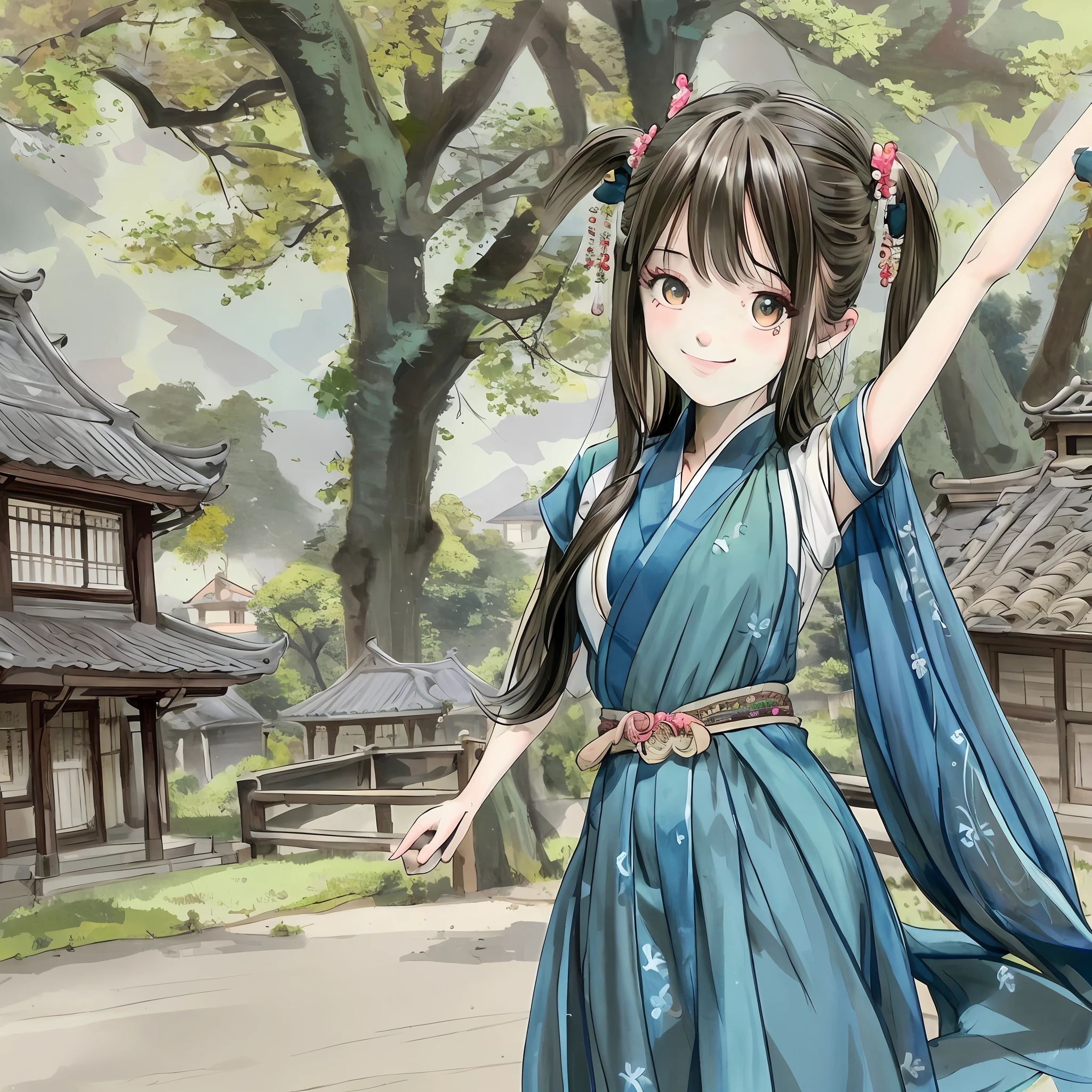 (masterpiece),best quality,good anatomy, shuimobysim,arms behind back,(1 girl:1), (upper body),(smile),short hair,(hanfu),(ecchi0.5), (trees:0.5), (flowers:0.6) ,(wooden house:0.2),(bamboo forest:0.2),(creek:0.2),(river:0.2),