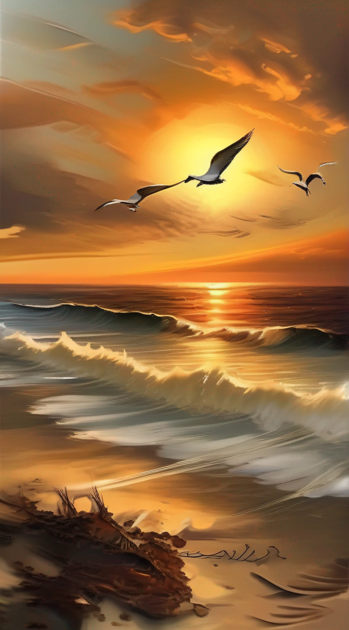 "(masterpiece) Stunning sunset over the ocean, golden hues shining through the clouds, serene waves crashing on the shore, seagulls flying in the distance."
