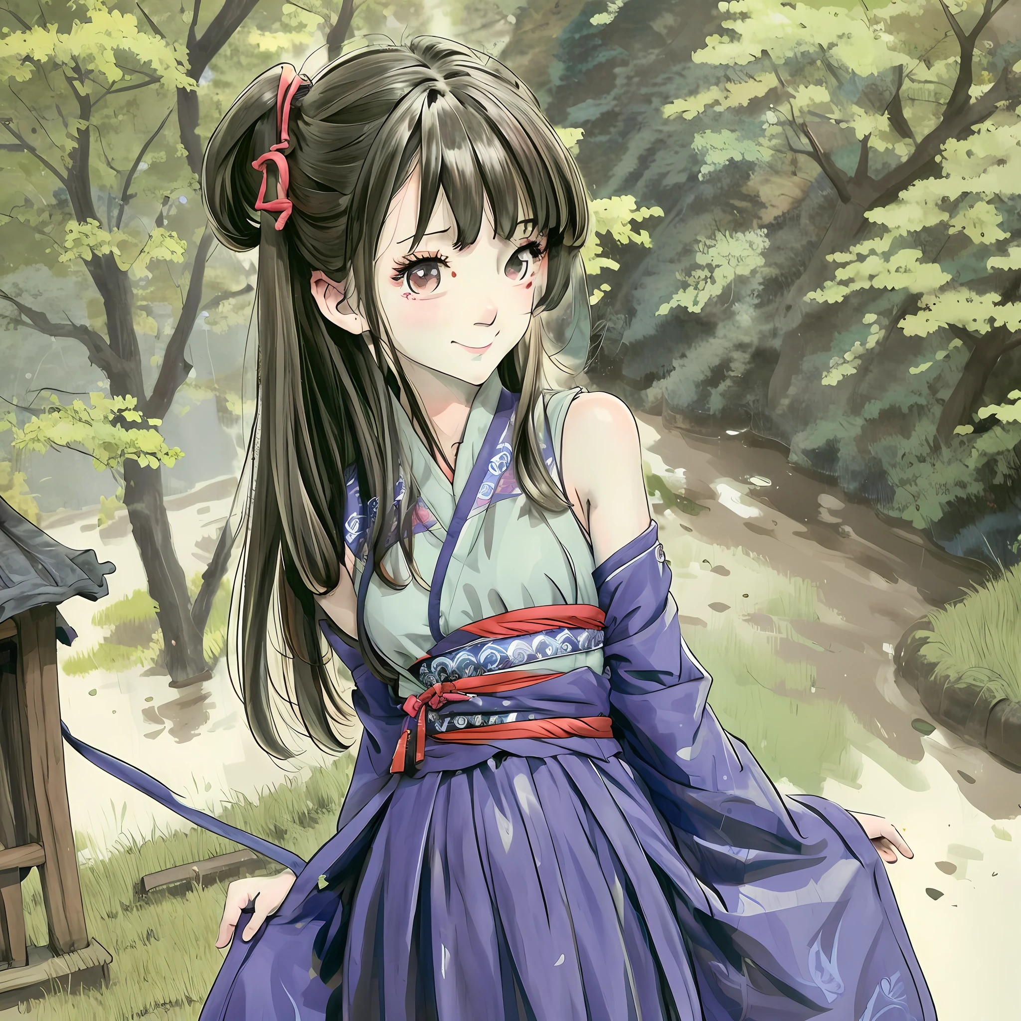 (masterpiece),best quality,good anatomy, shuimobysim,arms behind back,(1 girl:1), (upper body),(smile),short hair,(hanfu),(ecchi0.5), (trees:0.5), (flowers:0.6) ,(wooden house:0.2),(bamboo forest:0.2),(creek:0.2),(river:0.2),