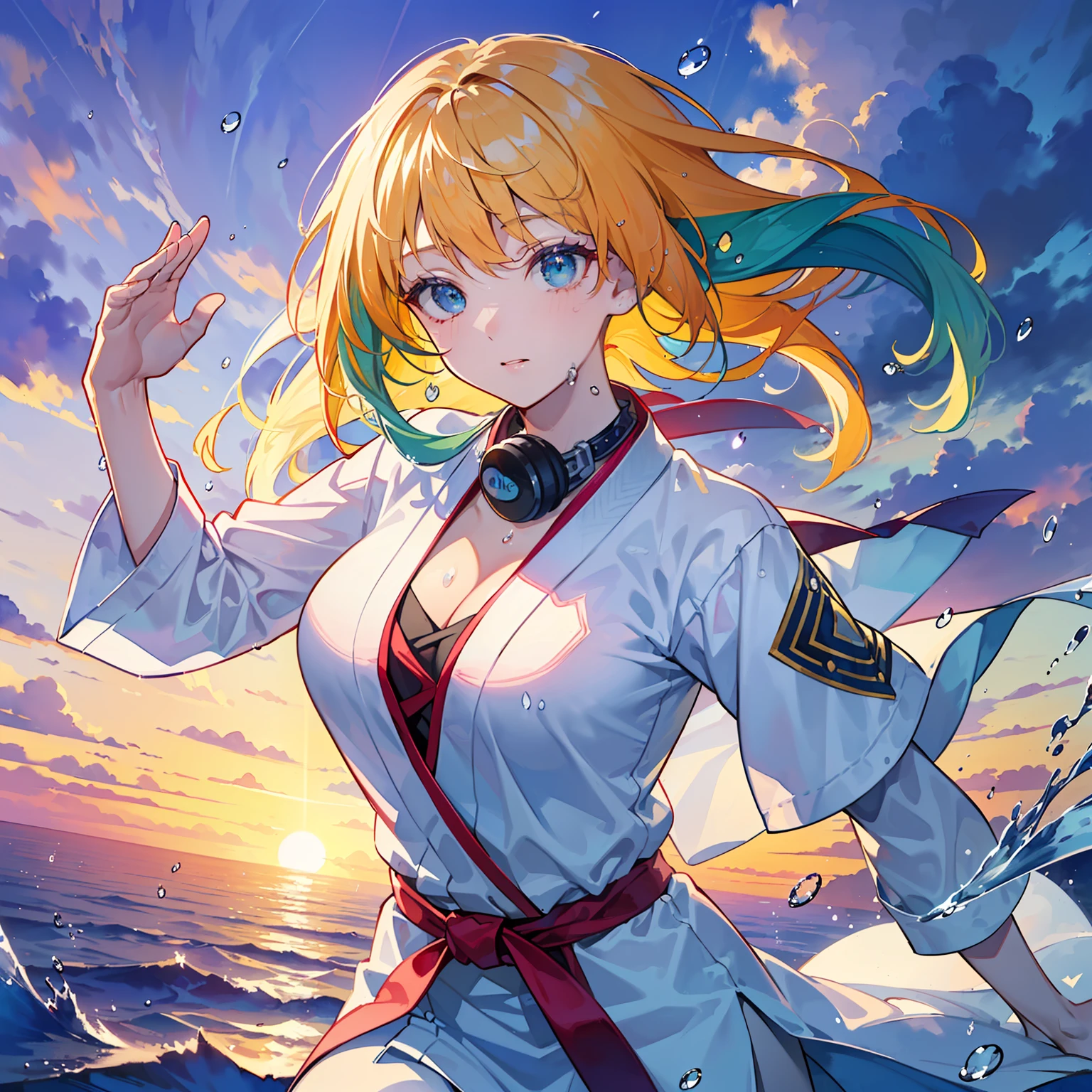 Edited sentences: ((((Masterpiece)), Best quality, Super detailed CG unity 8K wallpaper, Best illustration, A very delicate and beautiful, floating, high resolution, dynamic angle, dynamic pose, (1 girl), blue eyes, (colorful hair + silver hair: 1.3+ red hair: 1.2+ purple hair + yellow hair: 1.3+ green hair: 1.3), white martial arts costume, neckband, beautiful face, too many water drops, clouds, dusk, wide angle lens, watercolor effect.