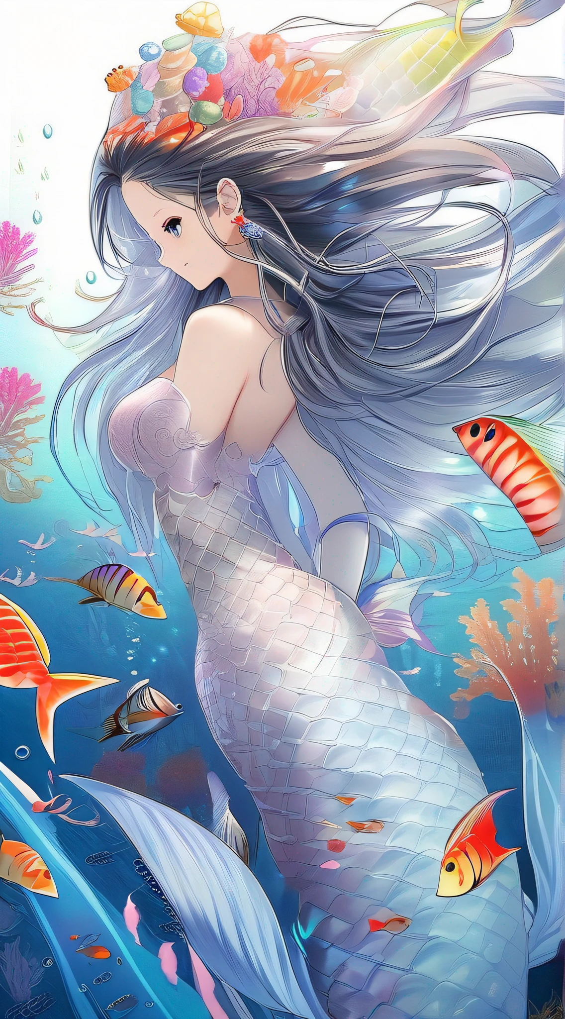 "(masterpiece, best quality) beautiful mermaid, long flowing hair, shimmering tail, surrounded by colorful coral reefs, underwater paradise."