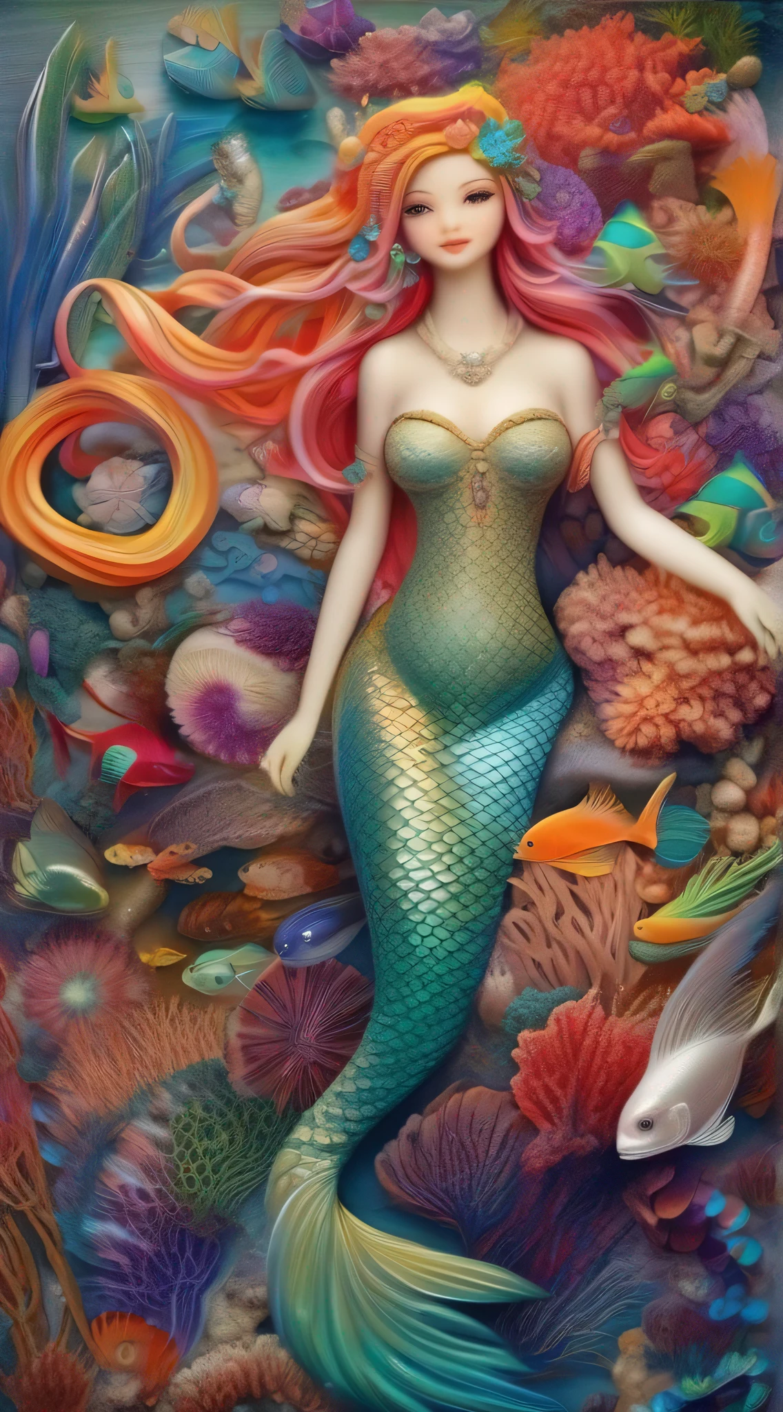 "(masterpiece, best quality) beautiful mermaid, long flowing hair, shimmering tail, surrounded by colorful coral reefs, underwater paradise."