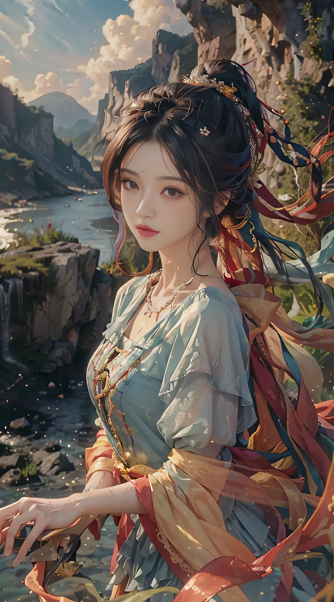 ((Best Quality, 8K, Masterpiece: 1.3)), Sharp: 1.2, Perfect Body Beauty: 1.4, Slim Abs: 1.2, ((Layered Hairstyle, Mid-Chest: 1.2)), Wet: 1.5, Masterpiece, Beautiful Sky and Clouds, Rich Natural Scenery, Cliffs, Lakes and Rivers, Waterfalls Flying Water, Fanatic, Long Sleeves, Elegance, Holy, Colorful, Highest Detail, Underwater, Floating Hair, Flowers, Masterpiece, Superb Style, Spring Dress, Colored Hair, Outdoor, Magazine Cover, Upper Body