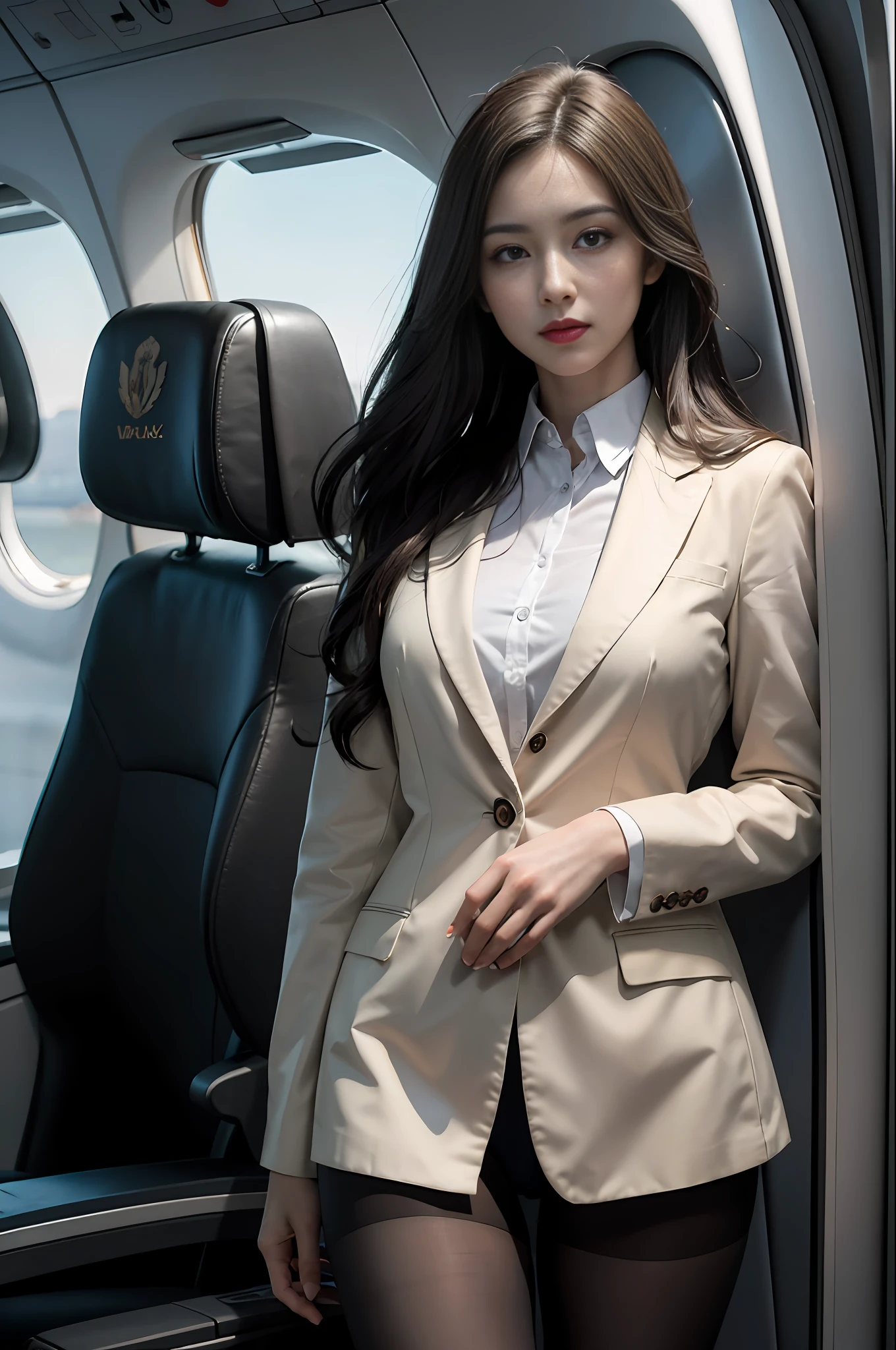 best quality, masterpiece, 8k, ultra high res, (photorealistic:1.4), highly detailed, intricate detail, delicate and beautiful, good lighting, professional lighting, sharp focus, detailed shadows, exquisite details and textures, depth of field, unity 8k wallpaper, cinematic composition, cinematic lighting, official art, Cabin Crew, flight attendant, black pantyhose, (aircraft, (Aircraft Corridor), Aircraft seats) beautiful elegant face, detailed face, detailed eyes, realistic hair, long hair, (1girl), (standing:1.3),