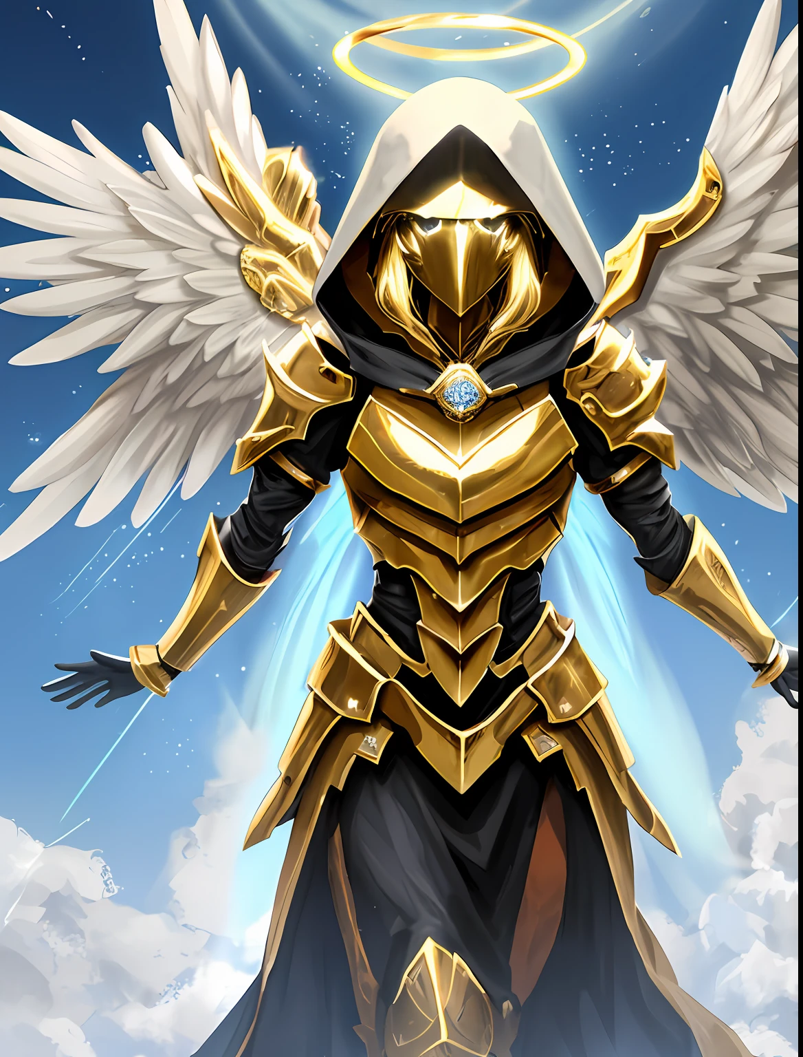 "A golden armored angel, wings made of energy, metal halo, faceless, hooded, in gold, fantasy."