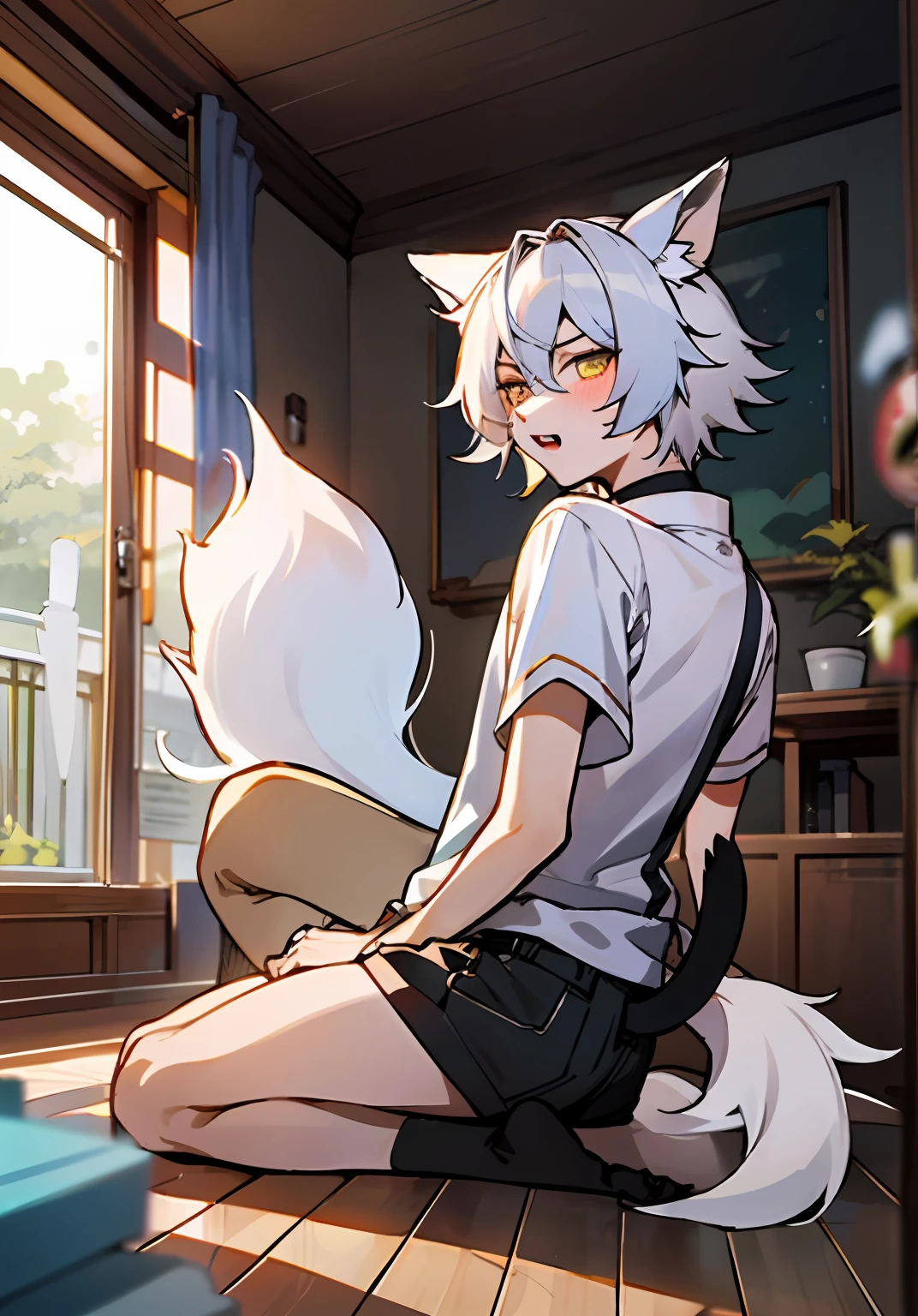 Anime - a style image of a boy sitting on the floor with a cat's tail, by Yuumei, Pop on ArtStation Pixiv, White-haired Fox, Digital Art on Pixiv, Digital Anime Illustration, OC Committee, Boy with Cat Ears and Tail, High Resolution Committee, Silver Fox Art, White Fox Ears, Fsorsona Furry Art Council, Sex, Insertion, Dick, Sex, Receive