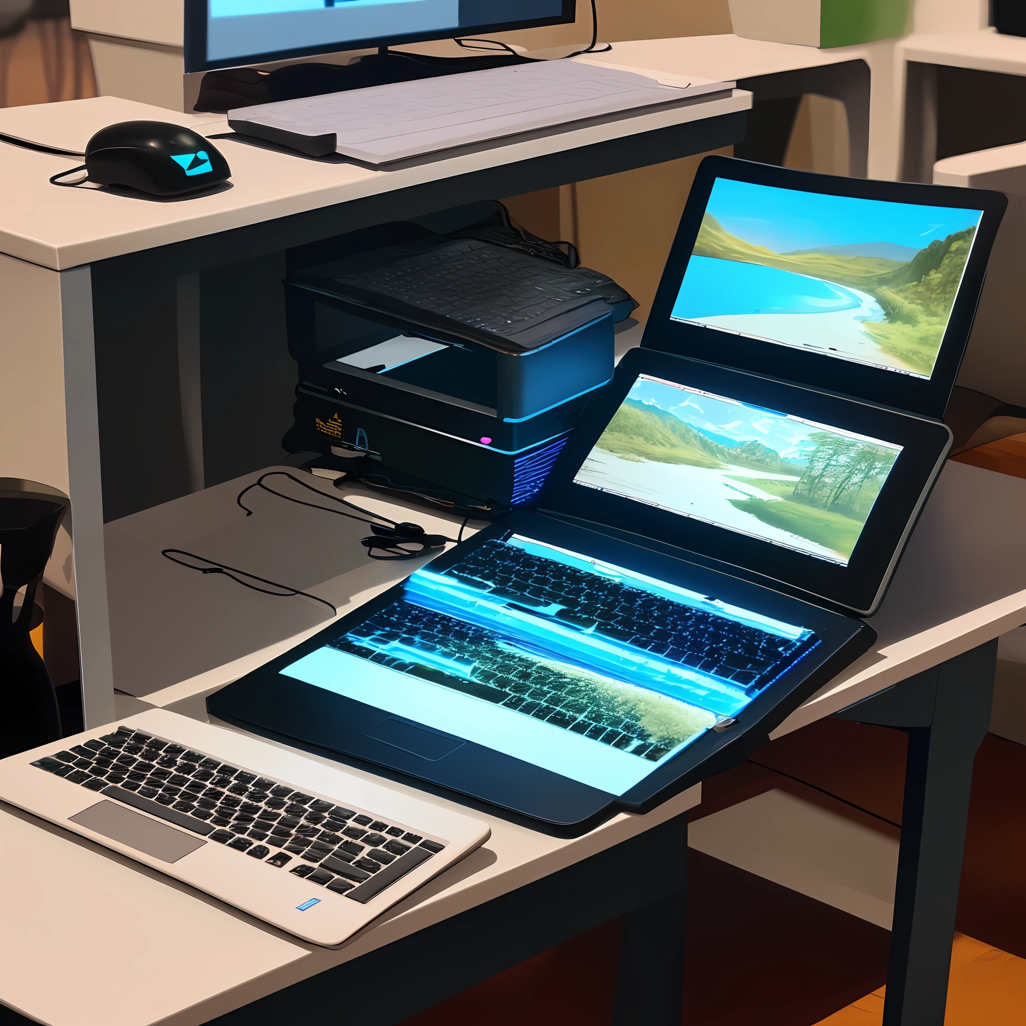 A computer on the table, give this computer a close-up, overall bright style.