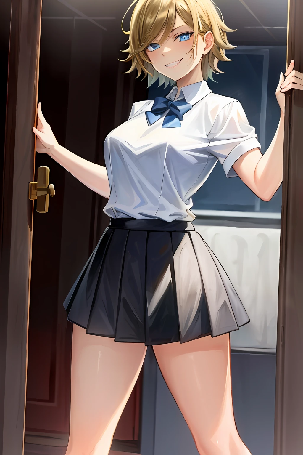 Masterpiece, top quality, high resolution, masterpiece, adult woman, one, light blue best sweater, pleated mini skirt, black miniskirt, short hair, evil smile, golden hair, evil smile, evil plan, school uniform, uniform, blue eyes, jail, prison