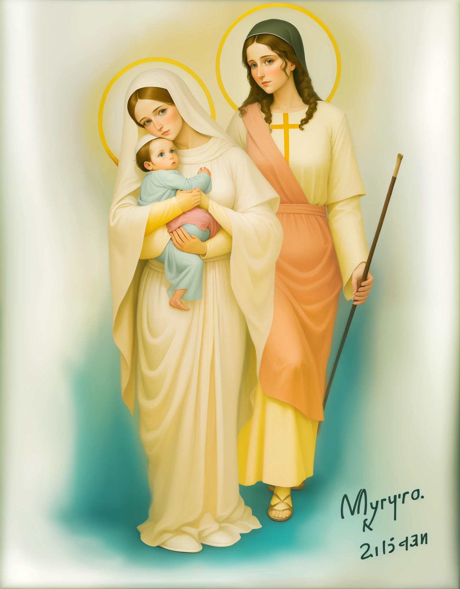 Masterpiece, epic details, ultra realistic, High quality, oil painting, acrylic on canvas, hyper realistic, oil on canvas, realism, mother Mary, baby Jesus in the hand of mother Mary, Joseph stand beside mother Mary with a stick, kind eyes of mother Mary and Joseph, original art, awesome artwork, vivid colours, cleaned, religious Painting, Christianity