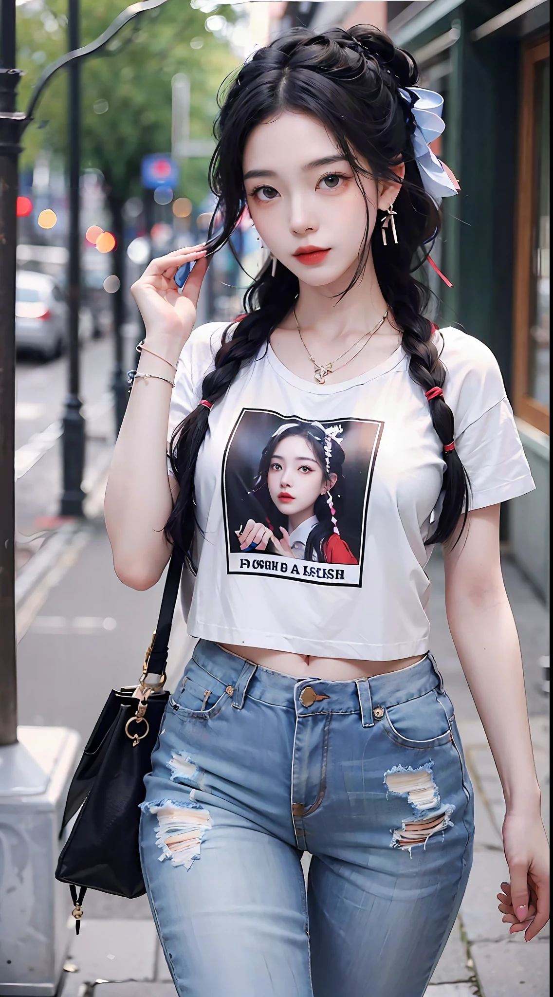 A stylish Chinese beauty, she walks the streets of city high-rise buildings in trendy loose jeans with a stylish printed T-shirt and canvas shoes, eyes staring at the camera, kanzashi, long eyelashes, amber eyes, crystal earrings, parted lips, ribbon, hair ribbon, hairband, braided ponytail, twin braids, hairband, hyper-realistic, close up, f/4.0, 35mm, UHD, retina, masterpiece, high resolution, best quality, 16k, (full body photo)
