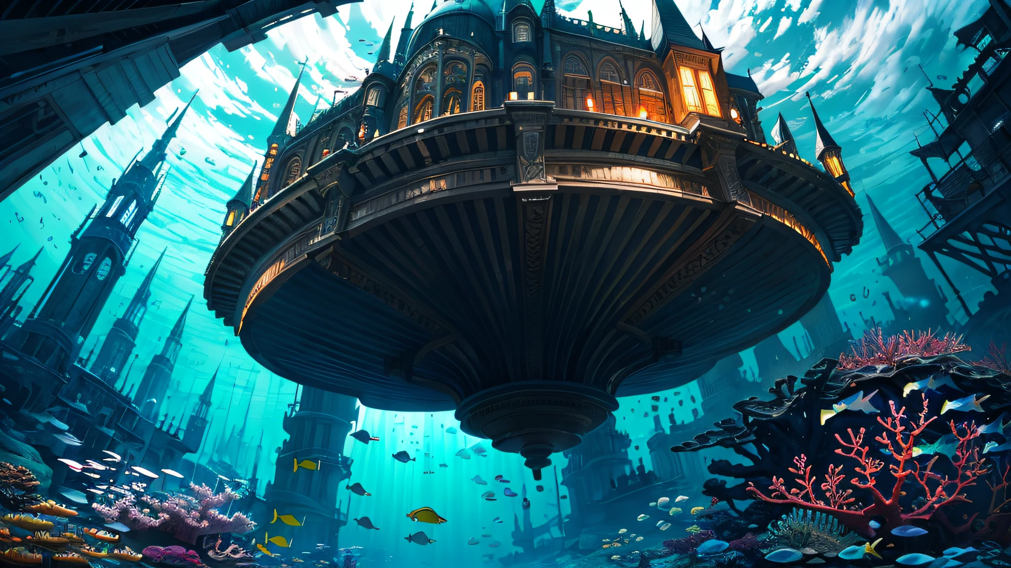 (masterpiece, best quality:1.2), ultra detailed, cinematic lighting, HDR, ilustration, landsape,(underwater),underwater city,city street , impressive, chill, inspirational