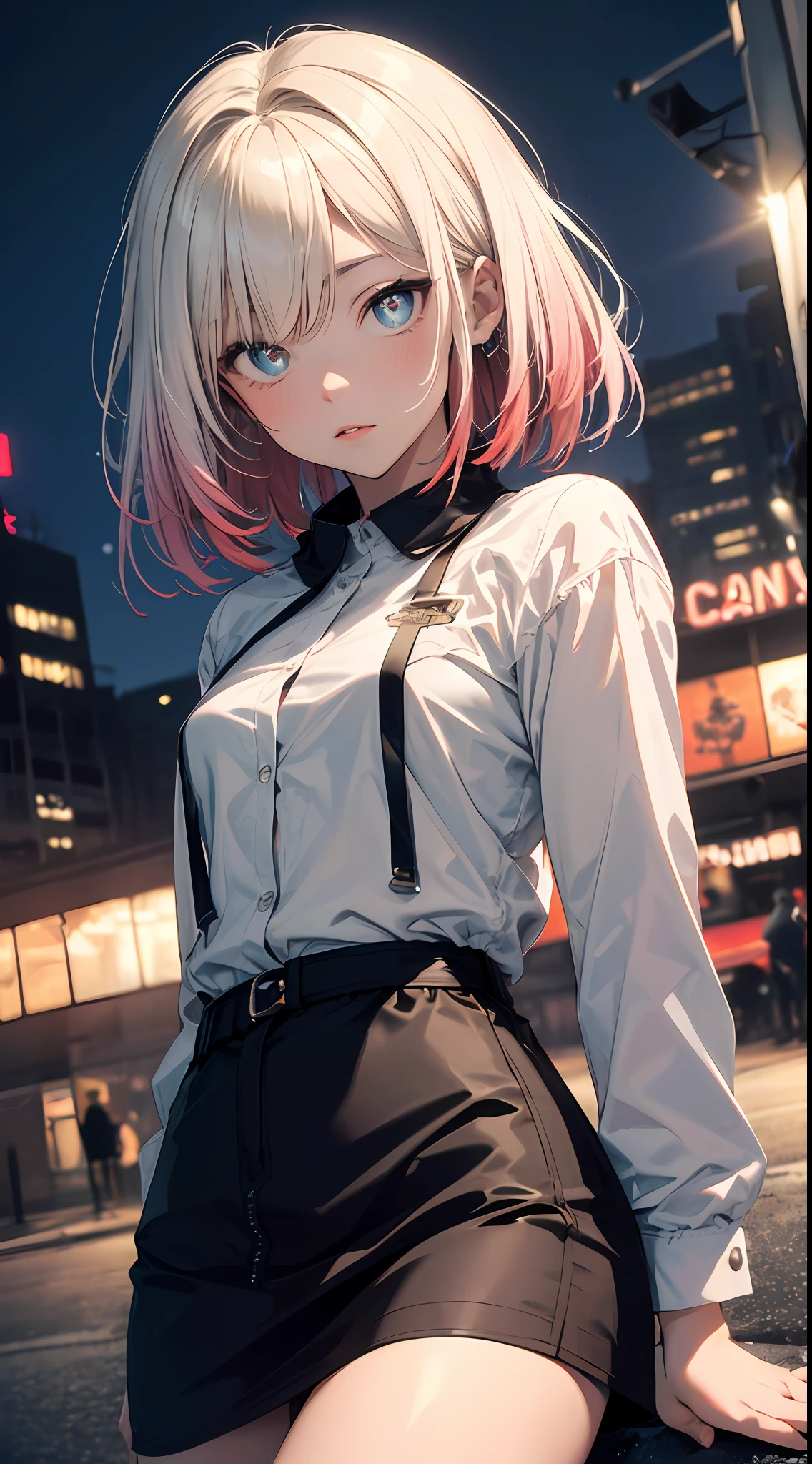 NY, (gradient hair, dutch angle:1.3), film grain, chromatic aberration, city, masterpiece, best quality, raw photo, photorealistic, absurdres, 1girl, cute, perspective, cowboy shot, highres, ultra detailed, detailed eyes and face, sharp pupils, realistic pupils, sharp focus, summer, night,