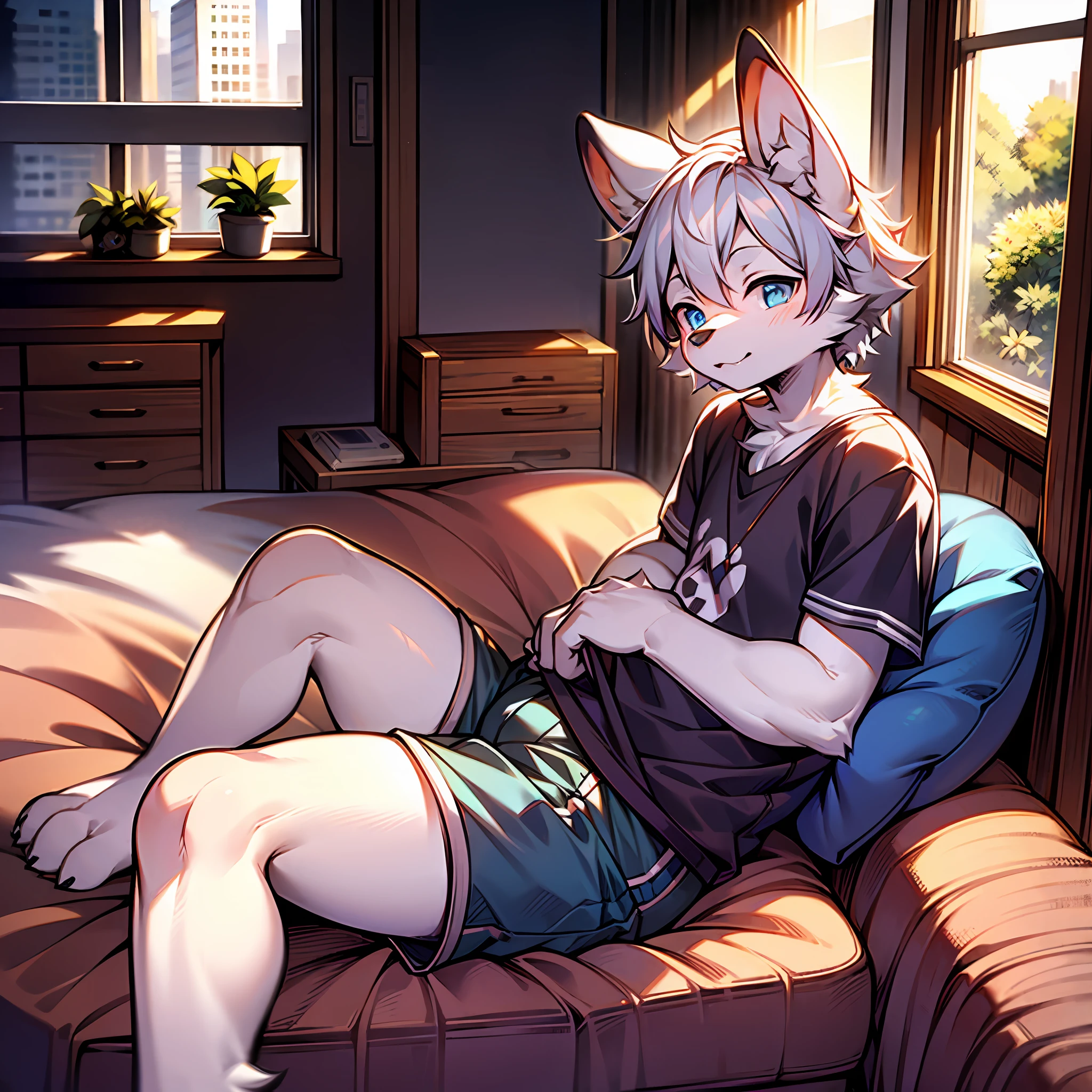 Bright eyes, panorama, character focus, solo, furry, furry male dog, male, white fur, blue eyes, gray hair (long), wearing shorts and shorts, casual clothing, young style, height one meter seven, cute, has a tail, summer, modern style, facing the audience, in the room, sitting on the bed, window, during the day, fleshy, slightly fat, dog