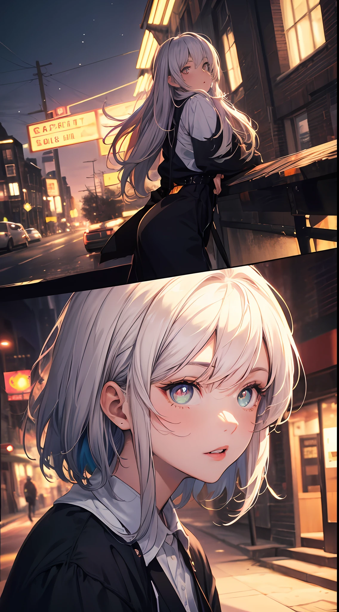 NY, (gradient hair, dutch angle:1.3), film grain, chromatic aberration, city, masterpiece, best quality, raw photo, photorealistic, absurdres, 1girl, cute, perspective, cowboy shot, highres, ultra detailed, detailed eyes and face, sharp pupils, realistic pupils, sharp focus, summer, night,