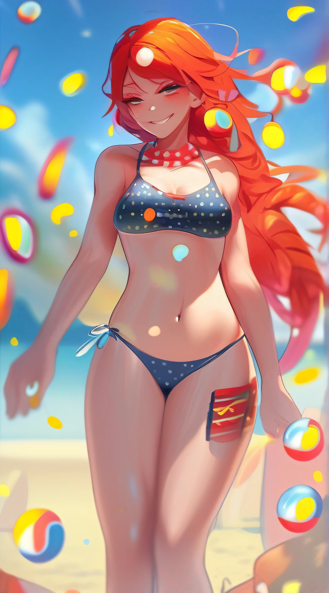 "(masterpiece, best quality) beautiful fire elemental with long red hair wearing a polka dot bikini, standing on a sunny beach, surrounded by vibrant colors."