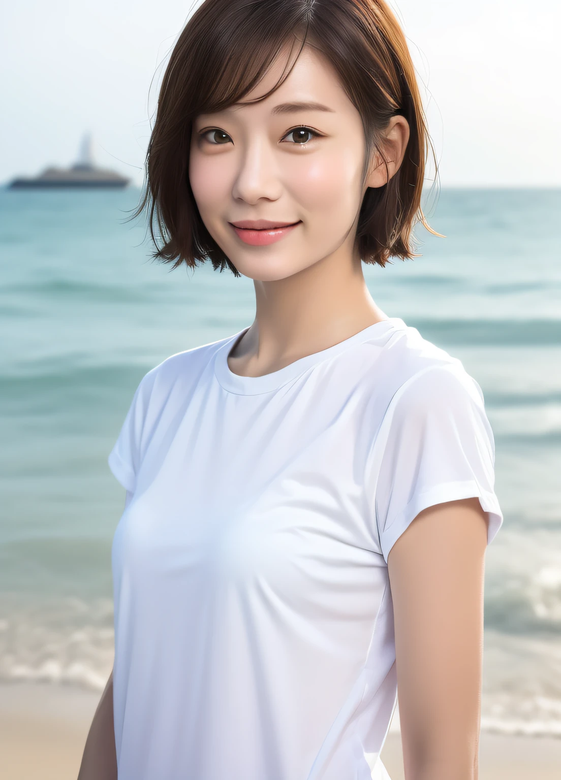 Smiling, white shirt, seaside