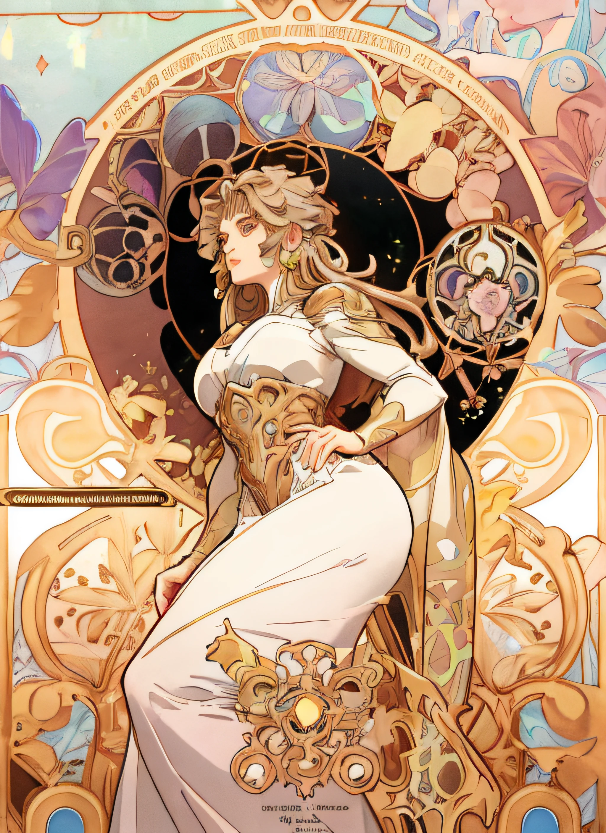 a close up of a woman in a dress holding a sword, alphonse mucha and rossdraws, anime art nouveau, anime art nouveau cosmic display, korean art nouveau anime, mucha. art nouveau. gloomhaven, art nouveau! cyberpunk! style, mucha style 4k, jc leyendecker and sachin teng, cyberpunk art nouveau