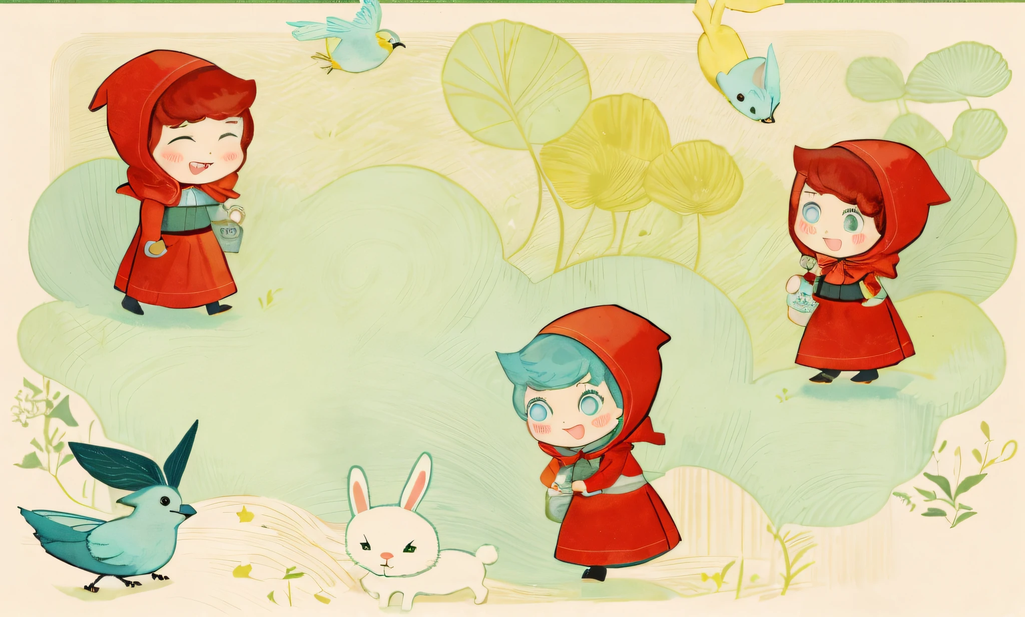 A girl and a rabbit cartoon with fox and bird, Little Red Riding Hood, fairy tale illustration style, Little Red Riding Hood, fairy tale style background, cute storybook illustration, fairy tale illustration, little red riding hood, storybook illustration, fairy tale illustration, storybook illustration, kids illustration, storybook illustration, girl, storybook illustration, cute, full hands, full expression, full cartoon face. Lawns, woods.