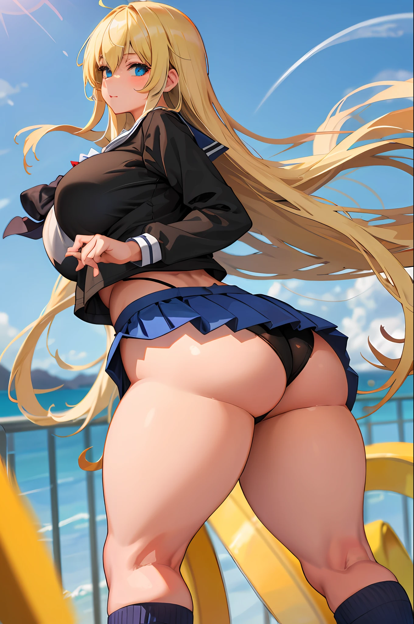 High school girl, sailor uniform, blue school skirt, black long socks, thick thighs, super wide hips, gigantic breasts, big ass, blonde hair, blue eyes.