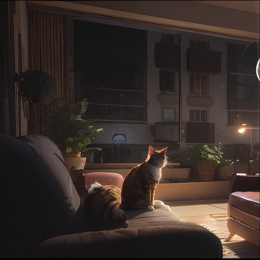 there is a cat sitting on a couch in front of a window, ps5 cinematic screen capture, beautiful and cinematic lighting, love death and robots, warm cinematic lighting, cinematic night lighting, realistic cinematic lighting, cinematic lighting at night, gloomy cinematic lighting, realistic cinematic shot, cinematic mood lighting, gorgeous cinematic lighting, cinematic soft lighting, beautiful cinematic lighting, soft cinematic lighting