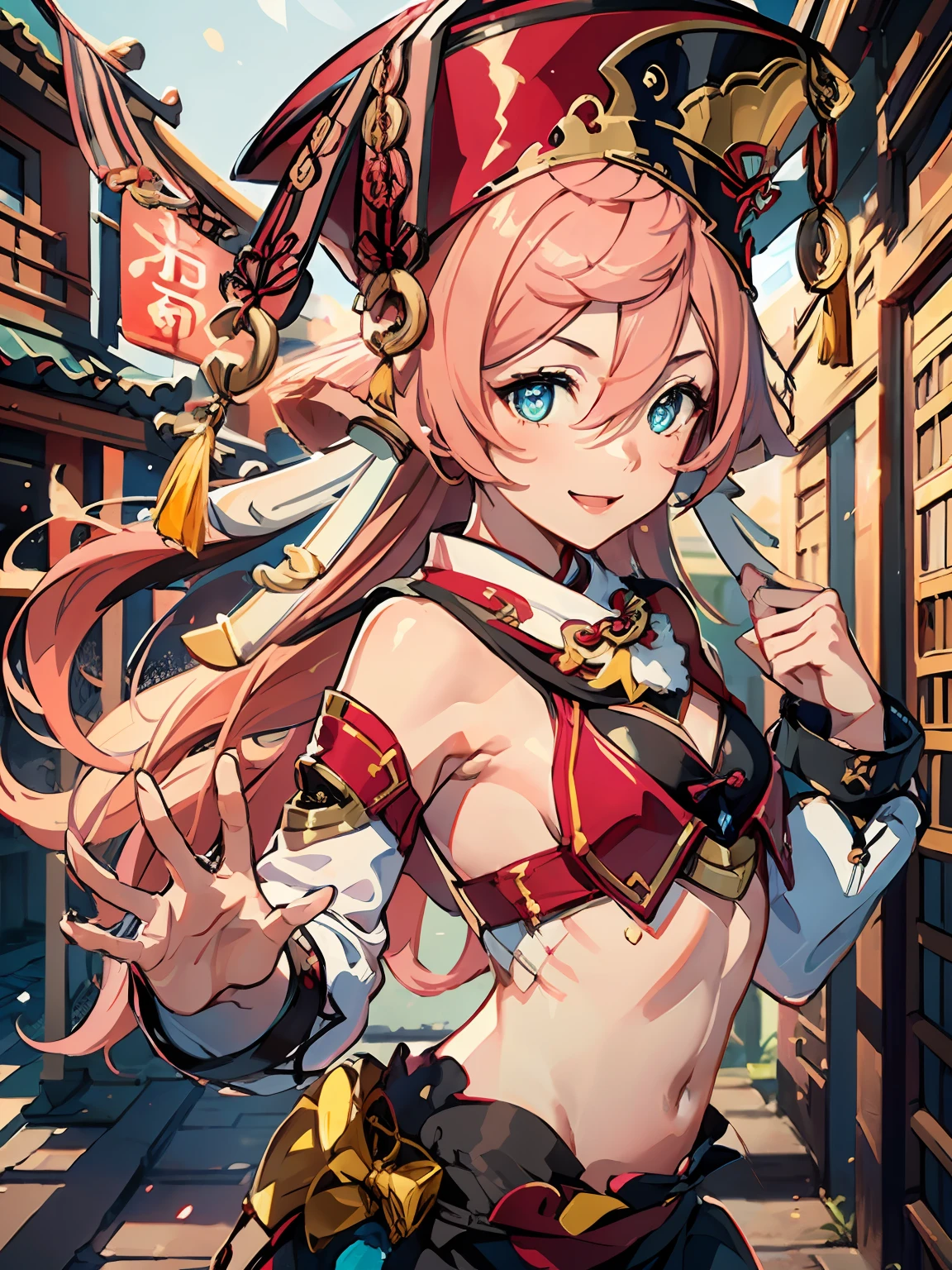 1girl, (solo:1.2), ((masterpiece)), [slim], (small chest), pale skin, ((detailed eyes)), (bokeh effect), (dynamic angle), dynamic pose, blue hair, smiling, cheerful, fire fractals, pink hair, white horns on sides, red hat, old chinese houses, chinese market, dynamic pose