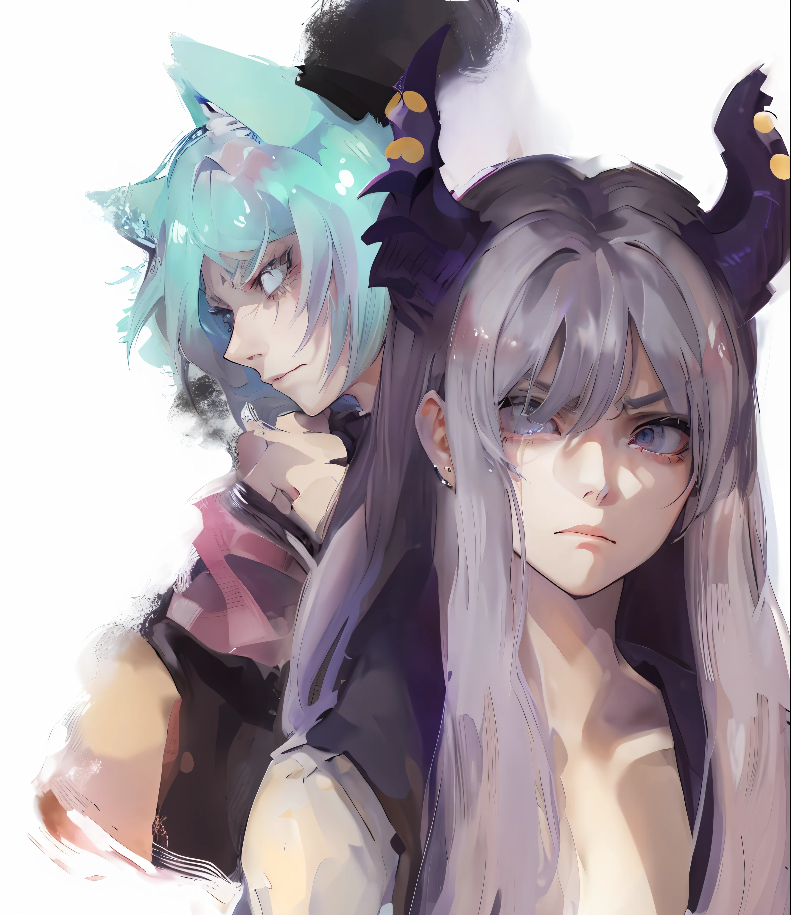 anime characters with long hair and purple hair are posing for a picture, original character, high quality, masterpiece, horns, gray eyes, demon girl, blur the background, anime style, best quality, 8k, medium breast, (long hair), soft skin, cold eyes, fox guy in the background looking at her angry, extremely detailed, jacket, piercings, empty eyes, eye reflection, gradient eyes, devil eyes, longeyelashes, annoyed, closed mouth, serious, expressionless eyes, lonely, multiple views, atmospheric perspective, perspective, 360 view, beautifull girl, demon girl