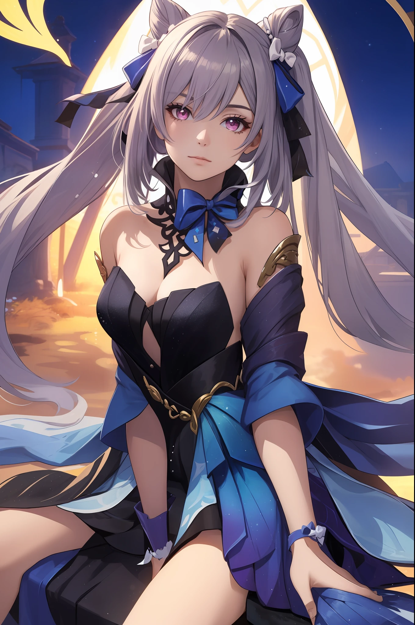 ((Photorealistic)), (Masterpiece, Best Quality, Best Quality, Light Reflection in Your Eyes, 1 Girl, Woman), Kei (Gorgeous Splendor) (Genshin Impact), Ketin (Genshin Impact), Official Alternative Costume, Dress, Cone Hairpan, Night, Dress Hopefully Falls, Watch Viewer, Long Hair, Neckline, Black Dress, Hair Bun, Strapless, bare shoulders, gray hair, bangs, bows, highlighted collar, purple eyes, diamond-shaped pupils, ribbons, double buns, twin tails, two-tone dresses, medium breasted, hair ornaments, black ribbons, hair ribbons, blue dresses, bow ties, hair between eyes