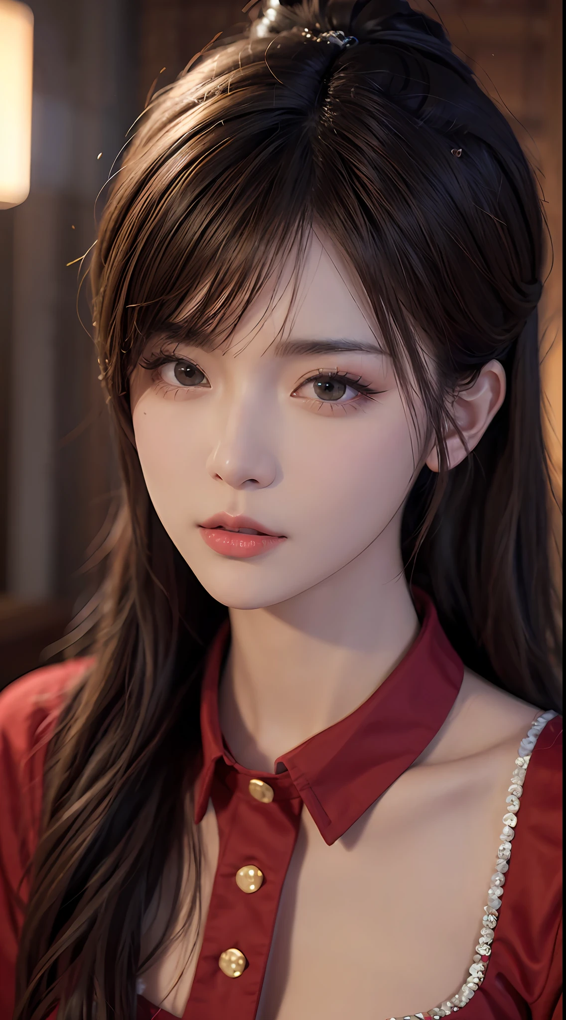 cyq, (zhubao:1.2),1girl, solo, brown hair, long hair, realistic, blurry, brown eyes, blurry background, lips, plaid shirt, red shirt, ulzzang-6500v1.1, (original: 1.2), (realistic: 1.3) , beautiful girl with beautiful details, extremely detailed eyes and face, eyes with beautiful details, absurd, incredibly absurd, huge file size, ultra detail, high resolution, ultra detailed, best quality, masterpiece, illustration, ultra detailed and beautiful, ultra detailed, CG, unity, 8k wallpaper, amazing, fine Detail, masterpiece, top quality, official art, extremely detailed CG unity 8k wallpaper, cinematic lighting,