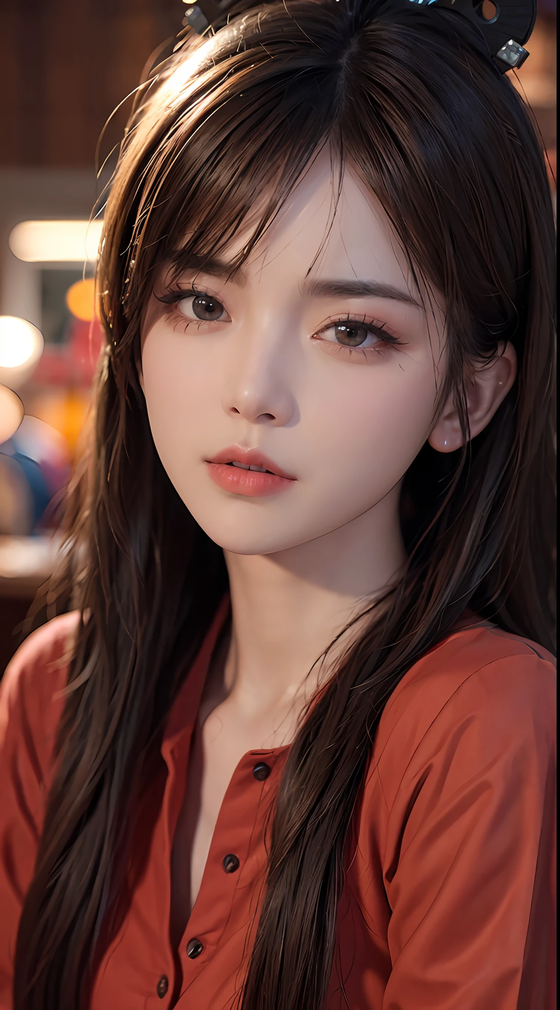 cyq, (zhubao:1.2),1girl, solo, brown hair, long hair, realistic, blurry, brown eyes, blurry background, lips, plaid shirt, red shirt, ulzzang-6500v1.1, (original: 1.2), (realistic: 1.3) , beautiful girl with beautiful details, extremely detailed eyes and face, eyes with beautiful details, absurd, incredibly absurd, huge file size, ultra detail, high resolution, ultra detailed, best quality, masterpiece, illustration, ultra detailed and beautiful, ultra detailed, CG, unity, 8k wallpaper, amazing, fine Detail, masterpiece, top quality, official art, extremely detailed CG unity 8k wallpaper, cinematic lighting,