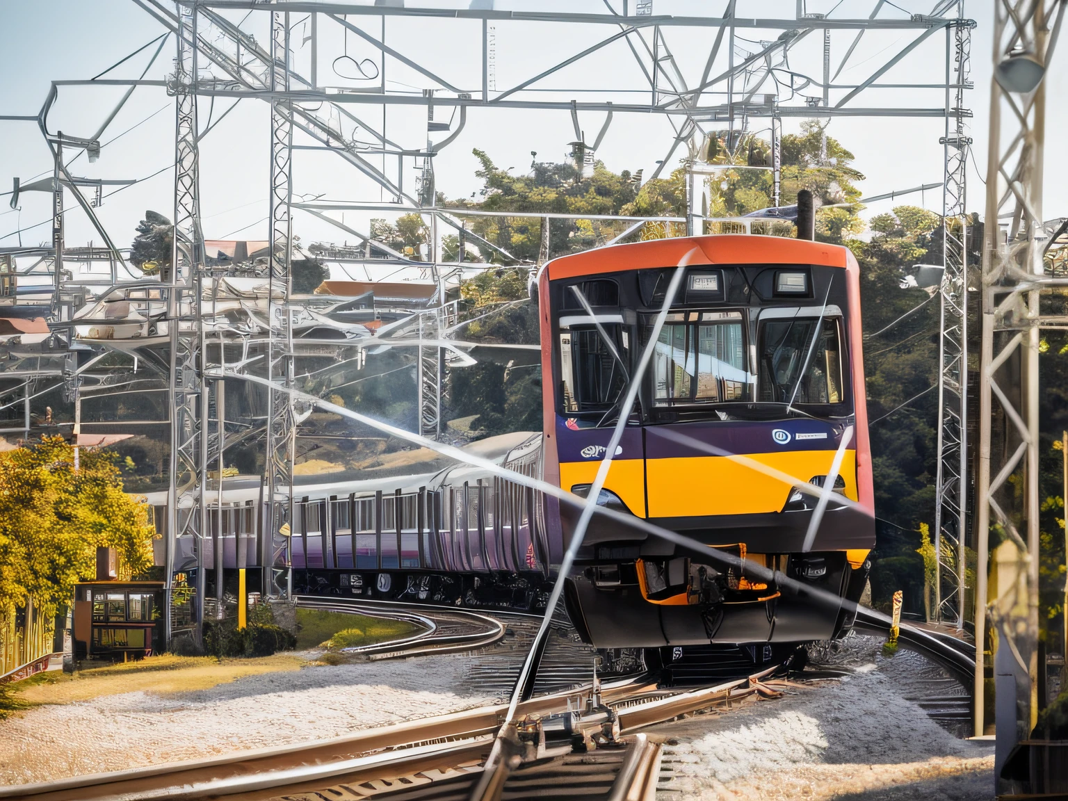 There are trains going down the tracks in the daytime, train, complex!,yard, photo ( distant _ shot), JR, S line, [realistic picture]!,train, dynamic!, train in the background --auto