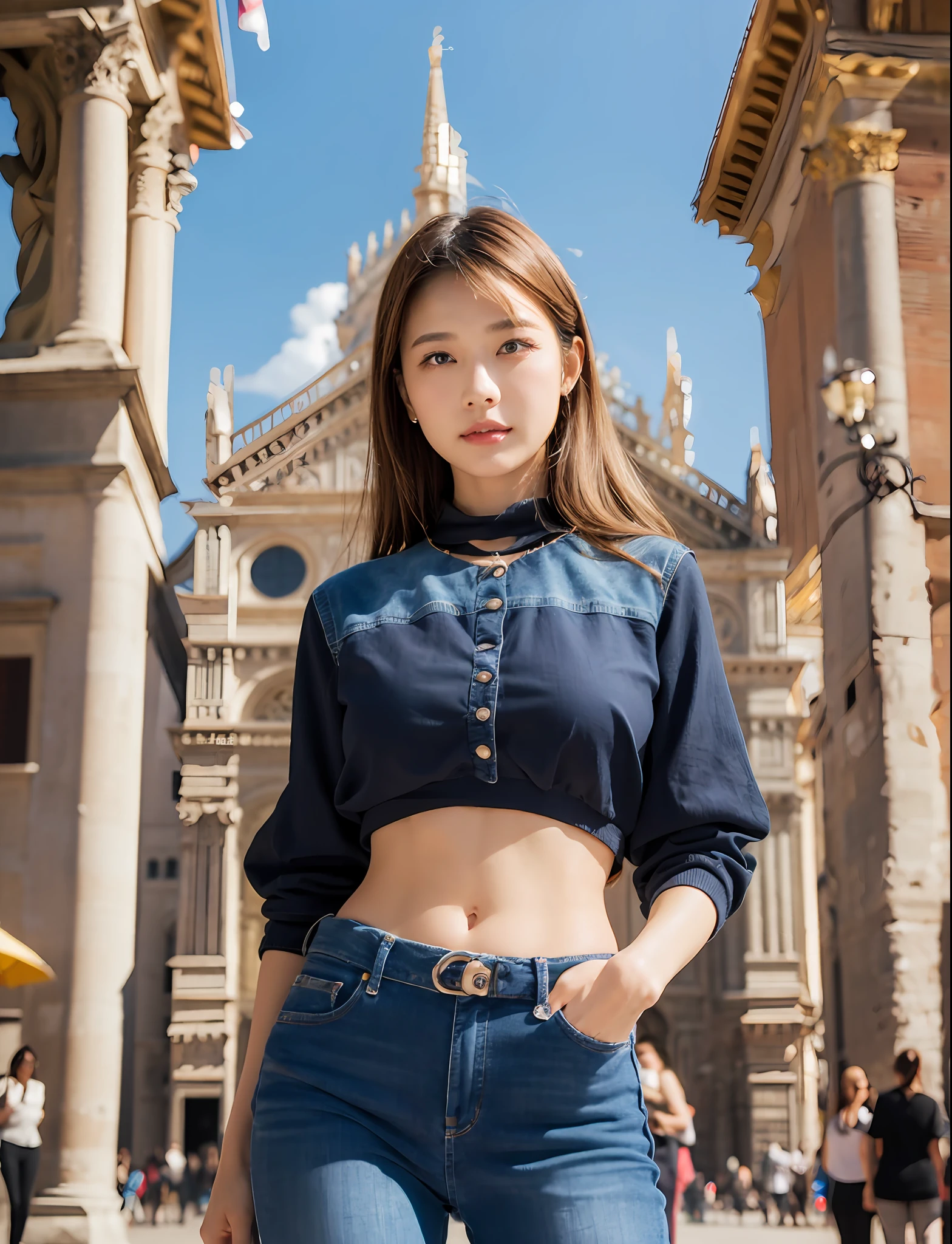 (Mai Shiraishi,turtle neck sweater, sleeveless, white long skirt, cowboy shot, back shot, back view, looking ahead,(Piazza dei Miracoli background,crowd,navel),arched back, arms up, dark brown very short hair,standing)))), (((masterpiece, best quality, highly detailed, absurdres, RAW photo, ultra high resolution)))), Highly detailed face and skin texture, Detailed eyes, Sharp focus, An asian young and beautiful girl, White skin, Real human skin, Oval face, Pore, Gentle and goddess-like eyes, Lip gloss, Eyelashes, Gloss face, Wide lighting, Natural shading, Small waist, slender body, Slight smile, Clear features, Beautiful face, Double eyelids, Sagging eyes, Night cityscape