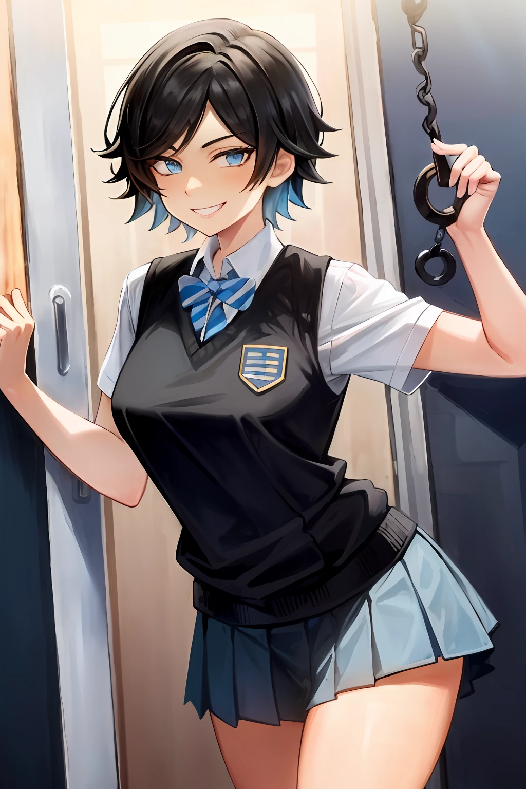 Masterpiece, Top Quality, High Resolution, Masterpiece, Adult Woman, Single, Light Blue Best Sweater, Pleated Mini Skirt, Black Miniskirt, Short Hair, Evil Smile, Black Hair, Bad Smile, Evil Plan, School Uniform, Uniform, Blue Eyes, Jail, Jail