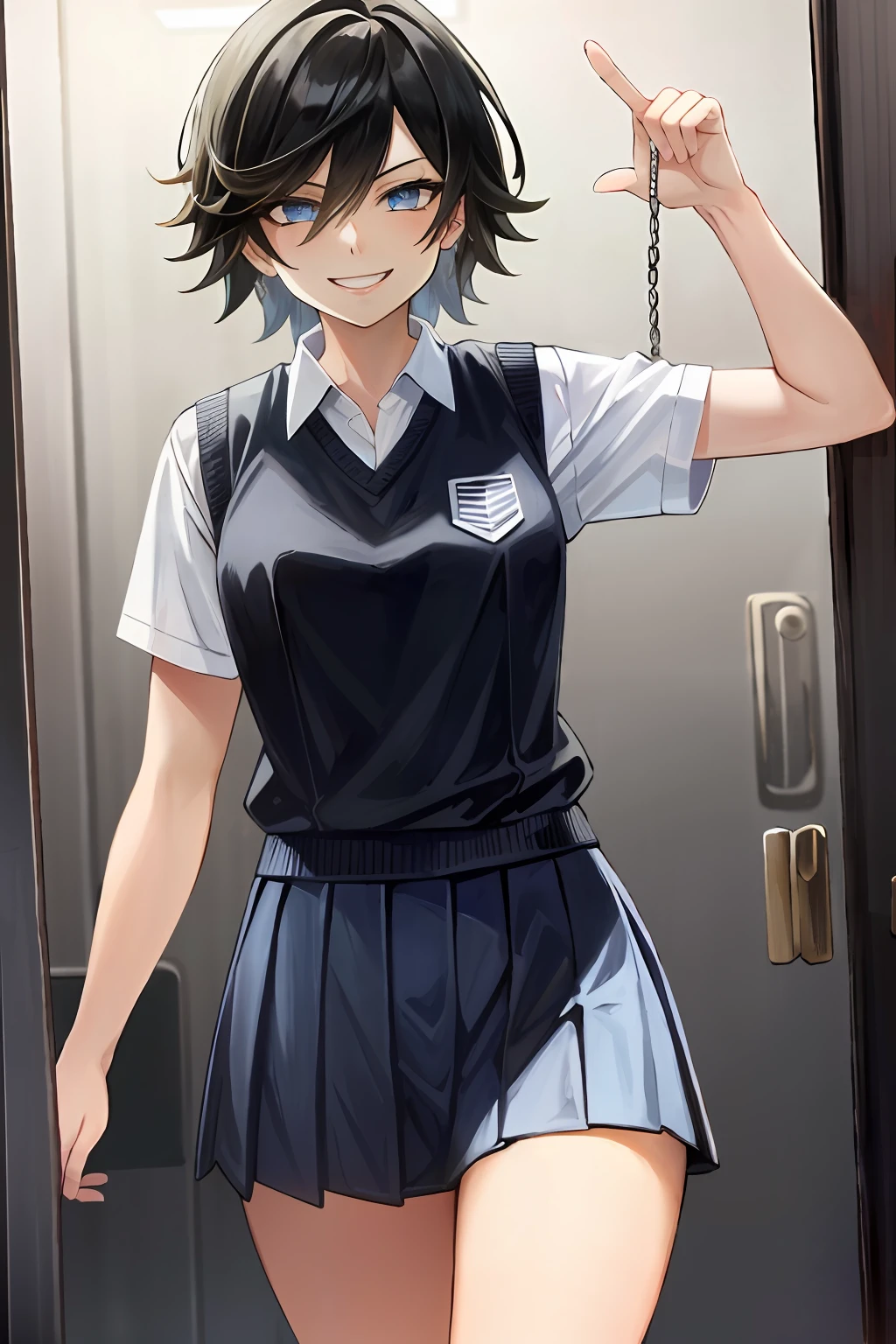 Masterpiece, Top Quality, High Resolution, Masterpiece, Adult Woman, Single, Light Blue Best Sweater, Pleated Mini Skirt, Black Miniskirt, Short Hair, Evil Smile, Black Hair, Bad Smile, Evil Plan, School Uniform, Uniform, Blue Eyes, Jail, Jail