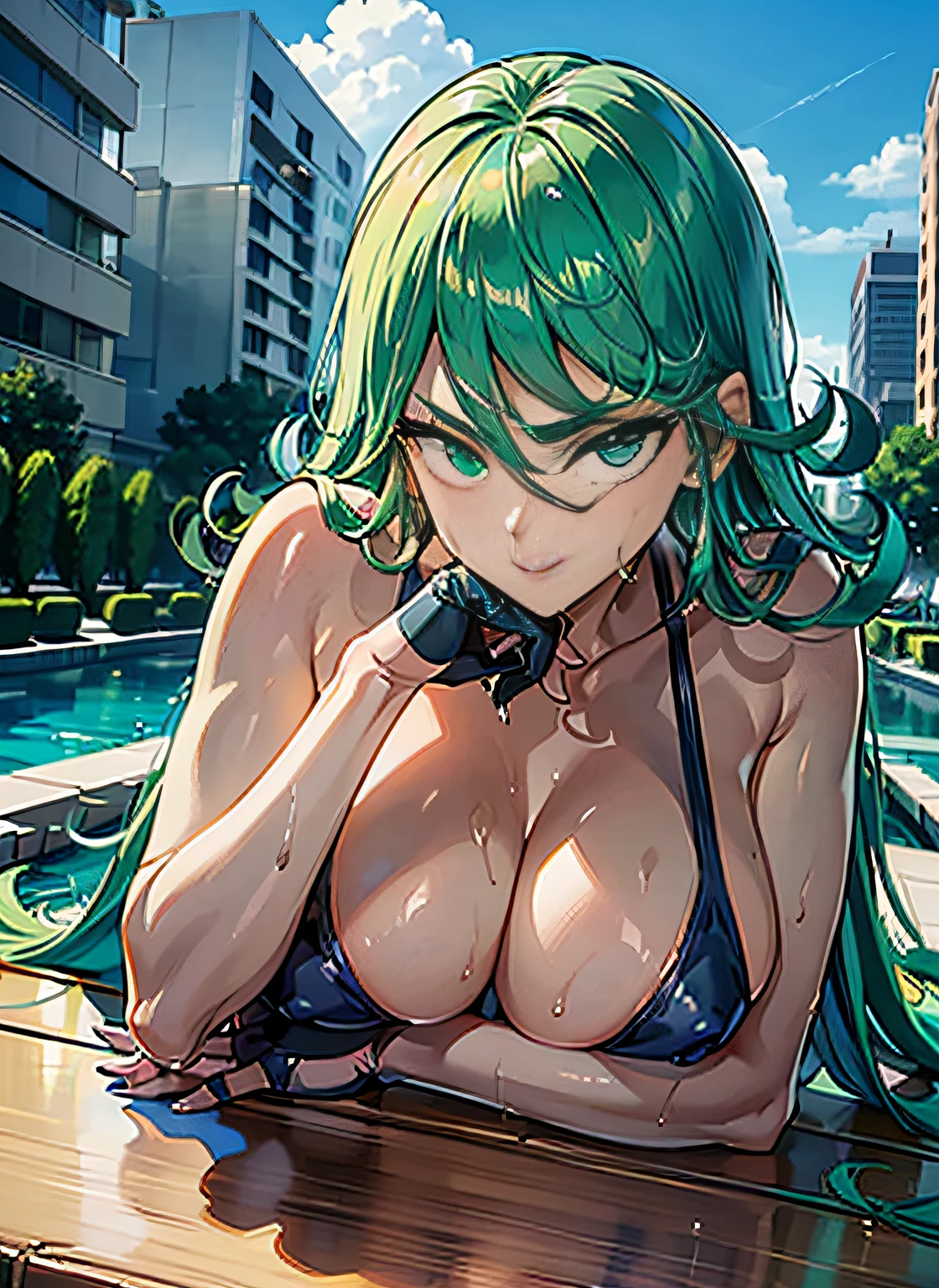 Greasy body, There is a body where lubricating oil flows down, Verism, Verism。 (NSFW:1.3), the perfect body. (sexy eyes) (seductive eyes) (clothes wet with water) (completely transparent plastic top) (suspender stockings, suspender stockings, high-gloss stockings) fleshy thighs tightened by high-gloss suspender stockings, huge soft breasts. Outermost transparent gauze on body, beautiful woman, surreal, 1 girl, ((facing the audience, hand caressing her chest)), (huge soft breasts, charming body: 1.8), sit-ups: 1.6, green hair: 1.9, (wet rain, rain wet, wet body: 1.9), painting, masterpiece, best quality, ultra-detailed, absurd, portrait beautiful, solo, earrings, jewelry, bikini, smile, sexy belt outfit, tank top, sky, day, swimwear, outdoors, gloves, necklace, transparent bikini, sexy, volumetric lighting, best quality, masterpiece, intricate details, realistic skin texture, pixiv, ultra-detailed, artstation trend,oilly skin, wet rosy skin thin waist: 1.6, Large, upturned breasts, transparent clothes, enormous breasts, anime characters, anatomically correct, textured skin。 (nsfw:1.3)enormous breasts, The picture is colorful, The brushstrokes of figure painting are multi-layered and rich。