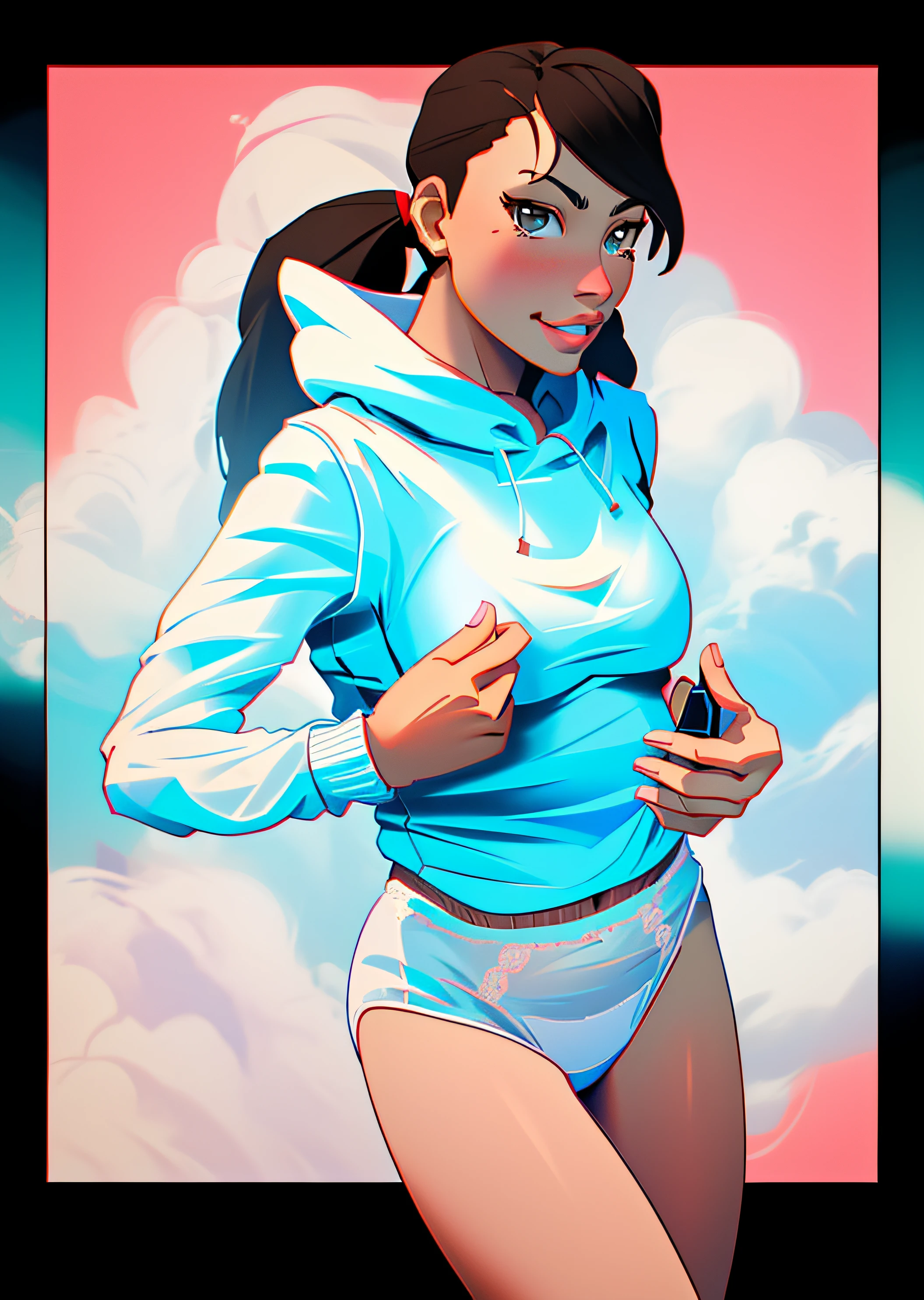 Dark-haired Blasian woman with pigtails, in white hoodie, and white cotton panties, anime art style, intricate details