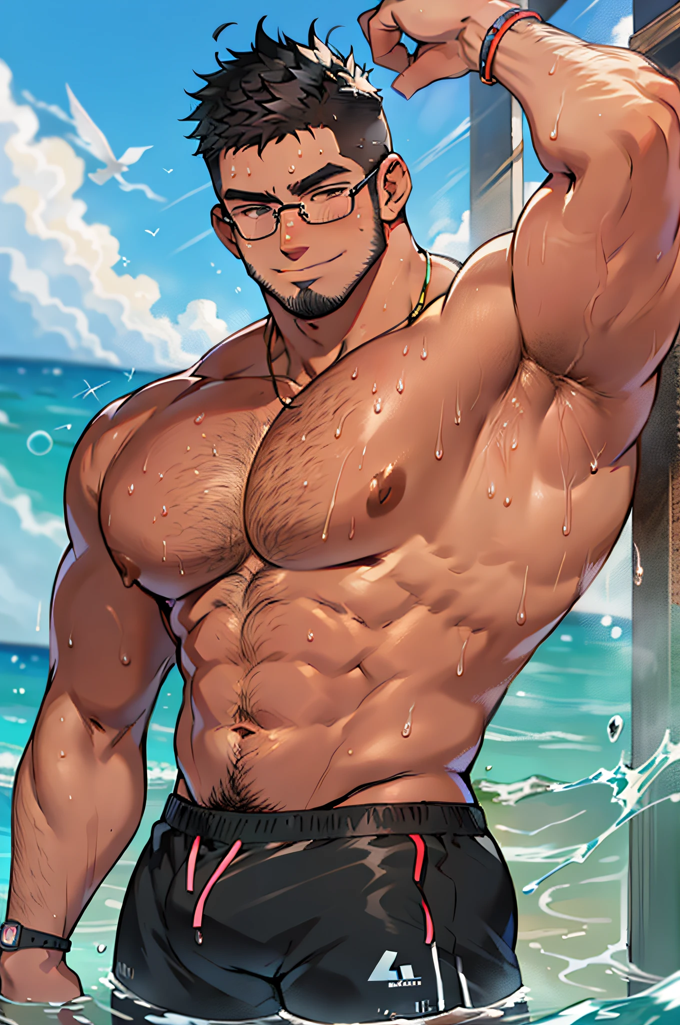4k, masterpiece, high resolution:1.2, 1 man, solo, bara, muscular, big physique, crew cut hair, facial hair, chest, wide shoulder, biceps, thighs, triceps, butt, black hair, cute smile, friendly, standing in a beach, wavy water, wearing swim trunks, wearing glasses, wet body, wet hair, blue sky in the background, ultra detailed, shredded muscle, flat style
