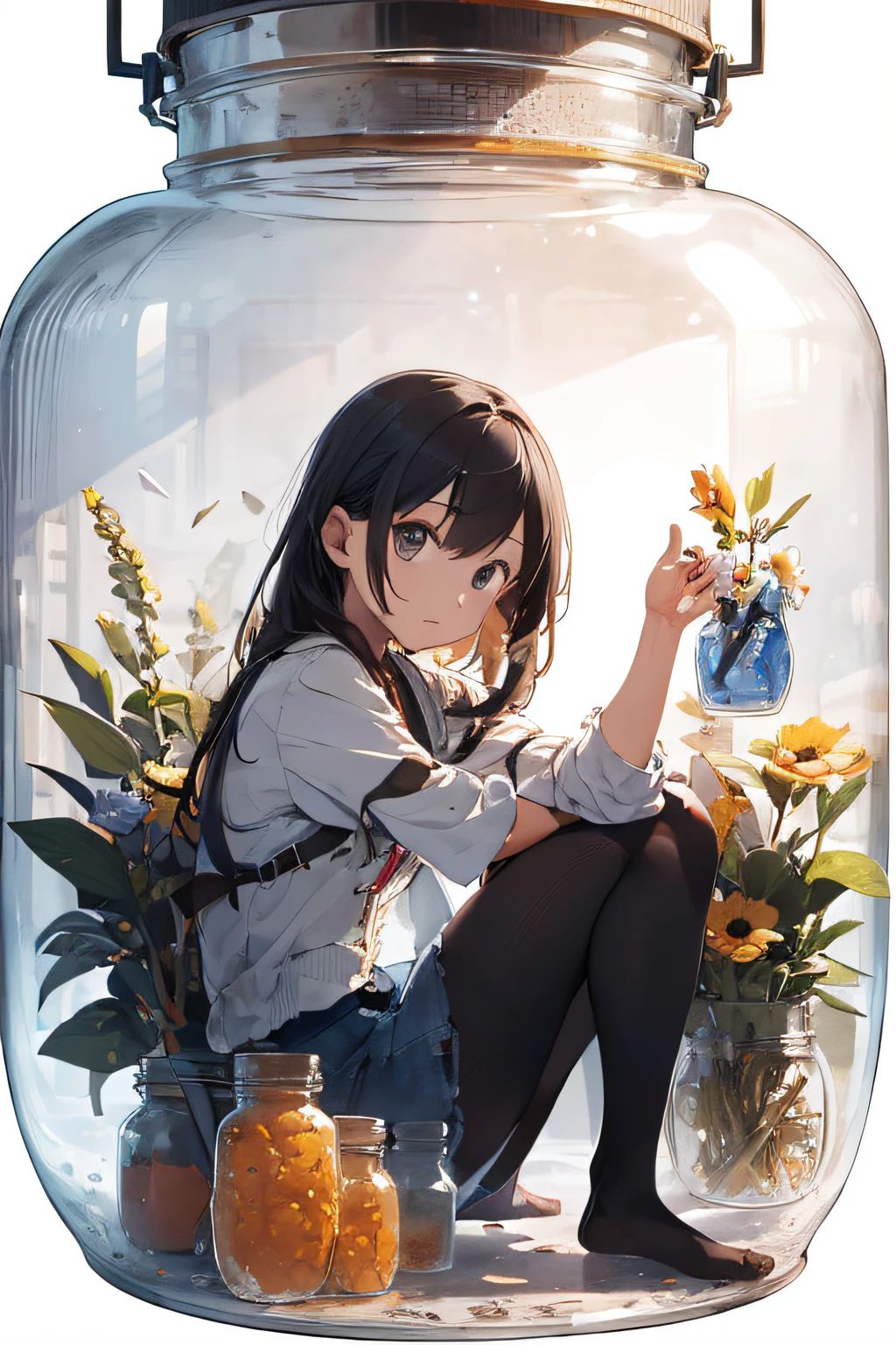 (masterpiece, best quality), intricate details, 8k, artstation, wallpaper, sharp focus, ca3,(white background:1.45),(transparent background:1.3),{(depth of field:0.5)},(glass strips:1.2),[(glass jar:1.15),(girl in jar:1.35):(sitting girl)], fix,cute,whole body,