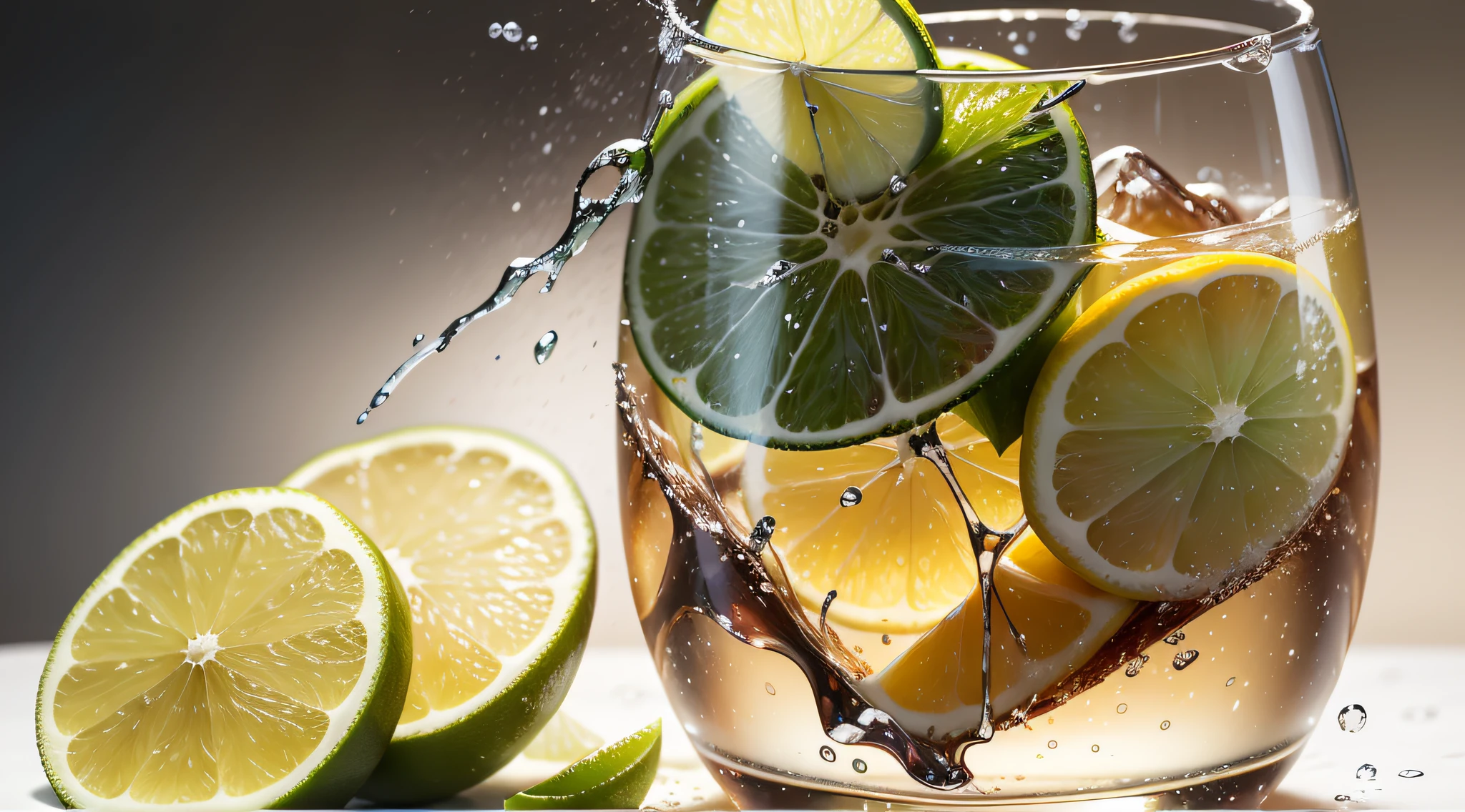 no background, water splashes into a glass of Caipirinha limenade, photorealistic, photorealism, amazing food photography, 4k food photography, 4k food photography, high speed photography, slow motion, ultra high speed photography, food photography photography