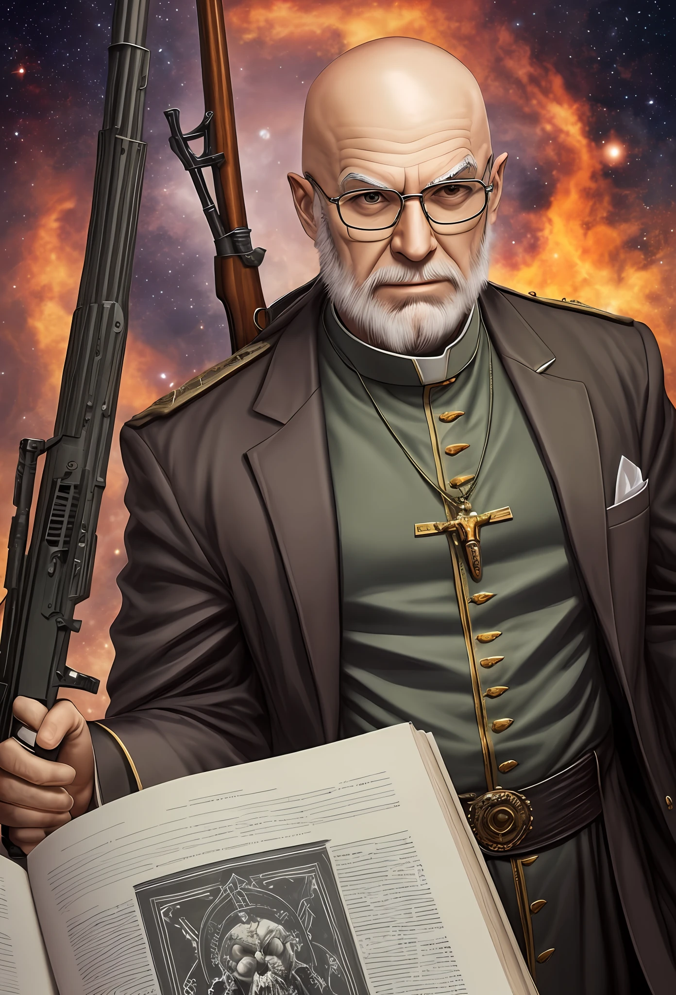 Bald priest with glasses, cosmic terror, RPG art, holding a rifle, priest clothes, ultra realistic --auto --s2