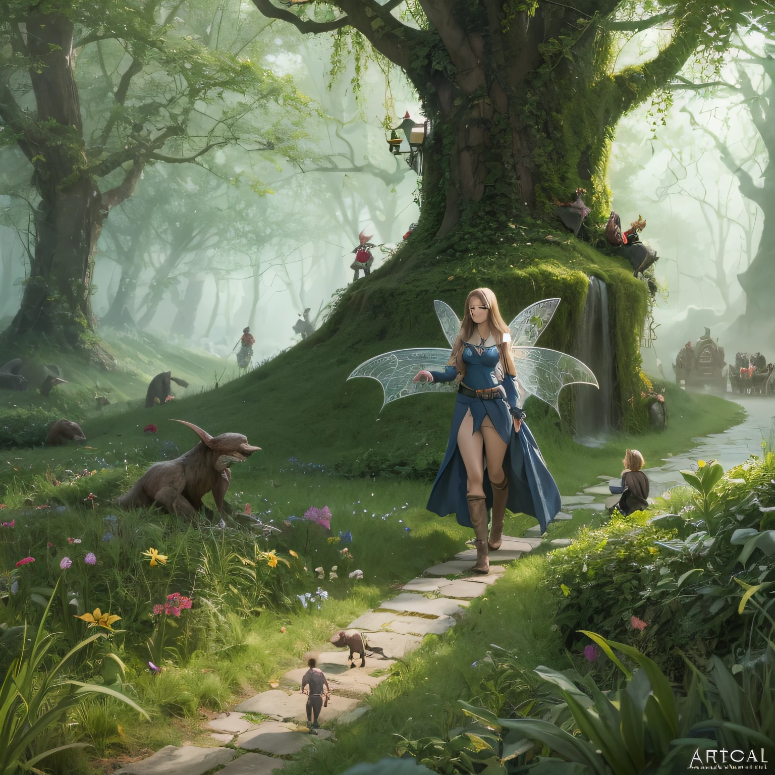 Subrealistic landscape of a fairy tale with a forest of goblins and fairies. Digital painting, artstation, concept art, soft focus, sharp, illustration.