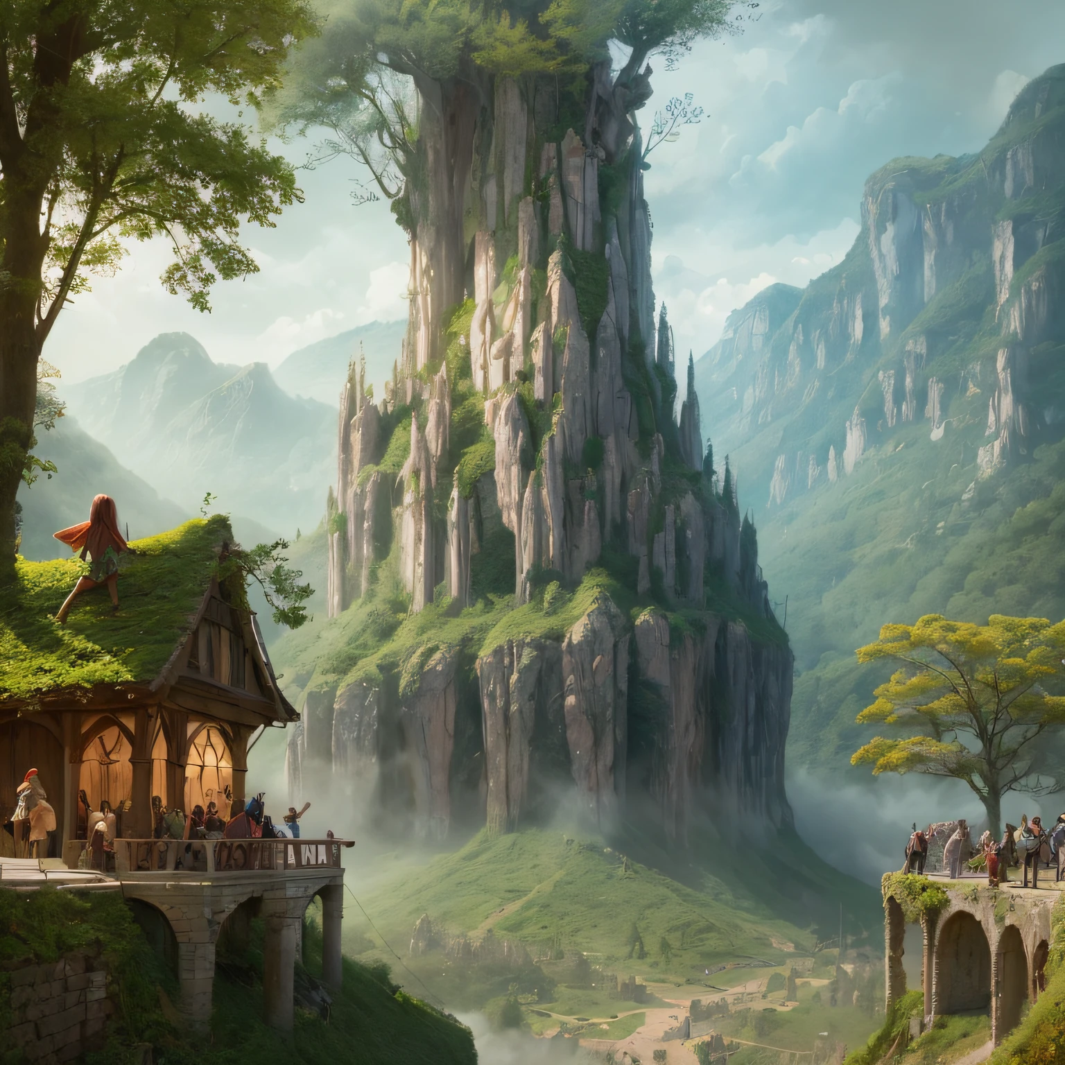 Subrealistic landscape of a fairy tale with a forest of goblins and fairies. Digital painting, artstation, concept art, soft focus, sharp, illustration.