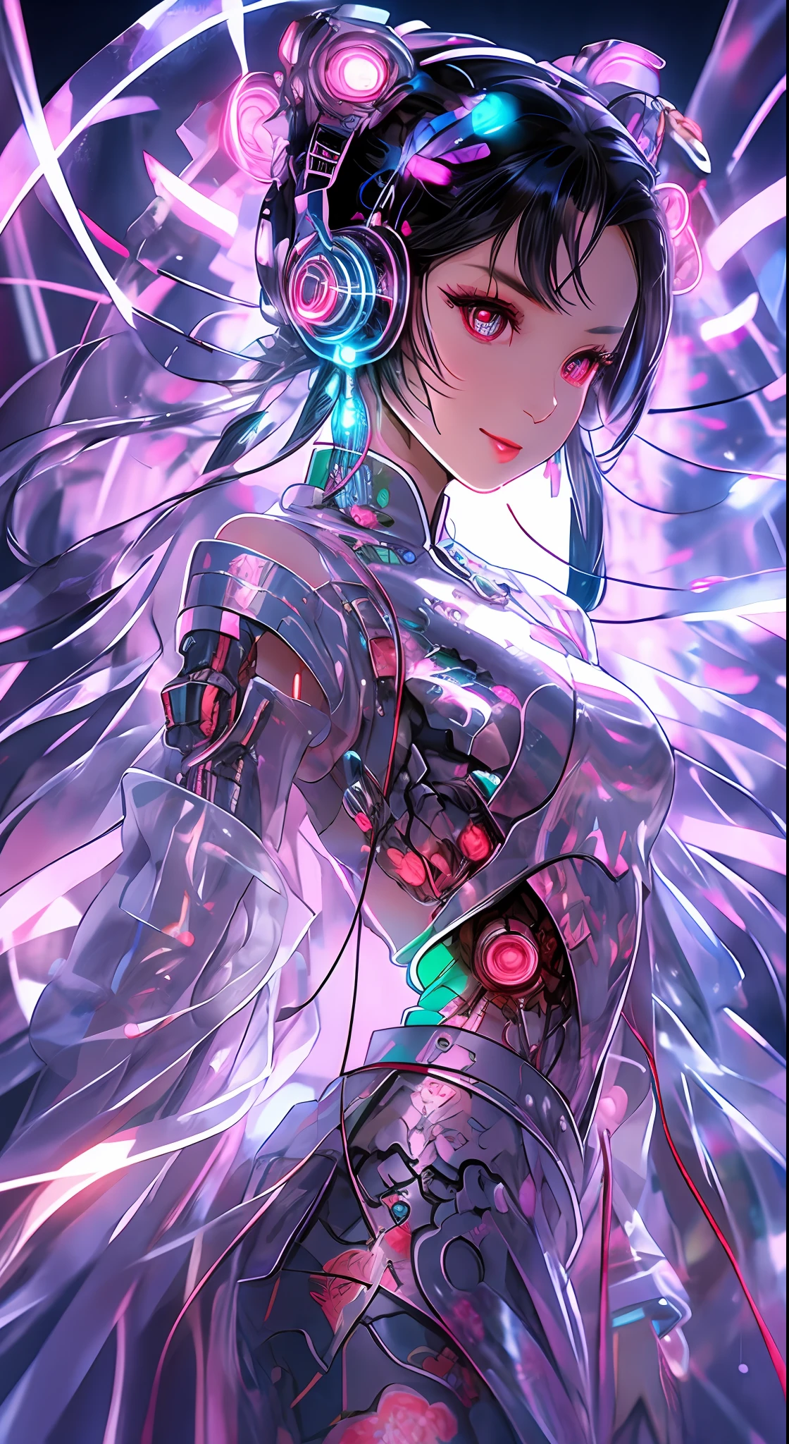 Singer, microphone in hand, cyberpunk microphone, singing, 1 girl, Chinese_clothes, liquid silver and pink, cyberhan, cheongsam, cyberpunk city, dynamic pose, glowing headphones, glowing hair accessories, long hair, glowing earrings, glowing necklace, cyberpunk, high-tech city, full of mechanical and futuristic elements, futuristic, technology, glowing neon, pink, pink light, transparent tulle, transparent streamers, laser, digital background urban sky, big moon, with vehicles, best quality, masterpiece, 8K, character edge light, super high detail, high quality, the most beautiful woman in human beings, micro smile, face left and right symmetry, ear antenna, beautiful pupil light effect, visual data