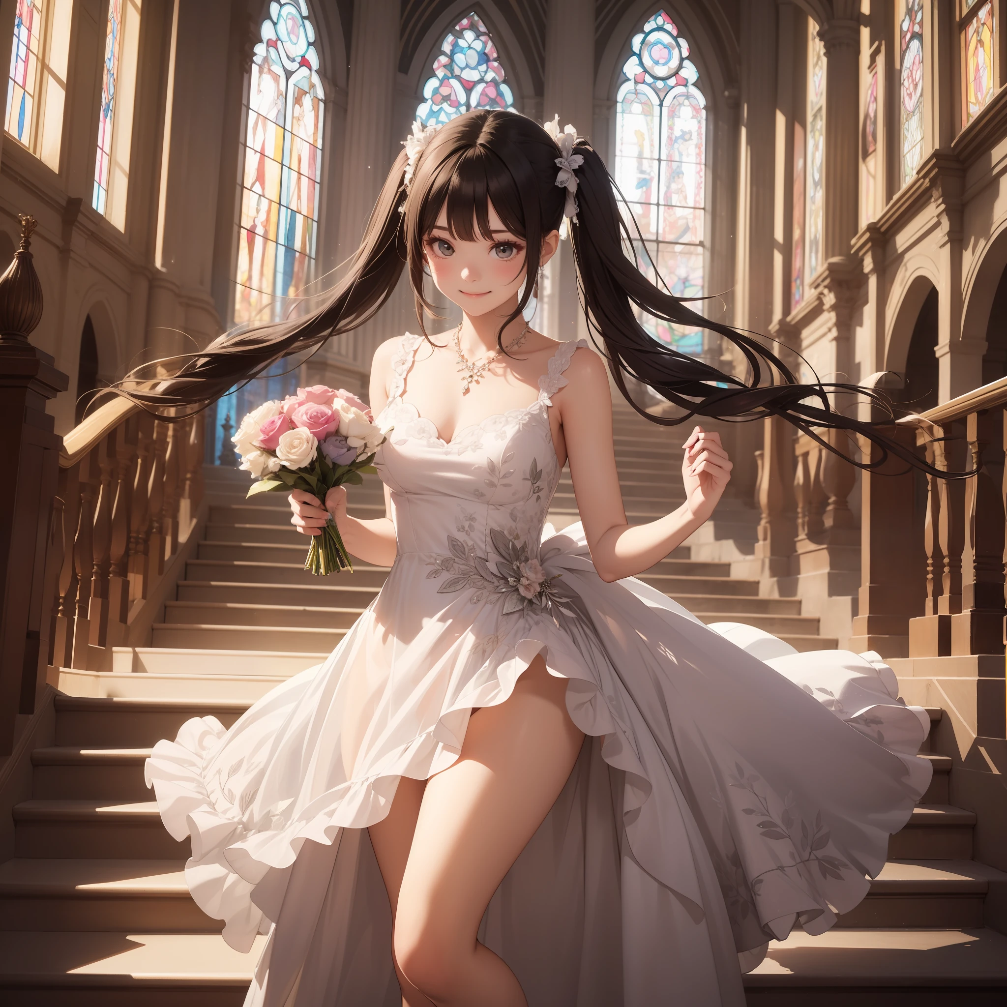 2D: 9, Two people running to each other, crayon painting, pastel colors, illusion, hazy painting style, watercolor, blessing smile, smile with closed mouth, neat, dainty, drooping, round eyes, bruises, meek, cute, composition looking up from diagonally below, holding a large luxurious bouquet in hand, clear sunlight, 1 girl, twin tails, long ribbon, young face, round poyo, beautiful hair fastening, Gorgeous embroidered dresses, luxurious dresses, ruffled dresses, natural makeup, a world painted with stained glass, a kaleidoscope dazzling world,