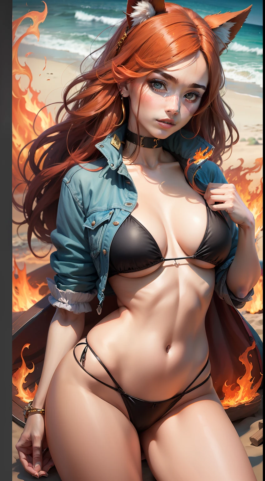(masterpiece, best quality) beautiful fire elemental, long red hair, body on fire, stylish bikini, on the beach, vibrant colors