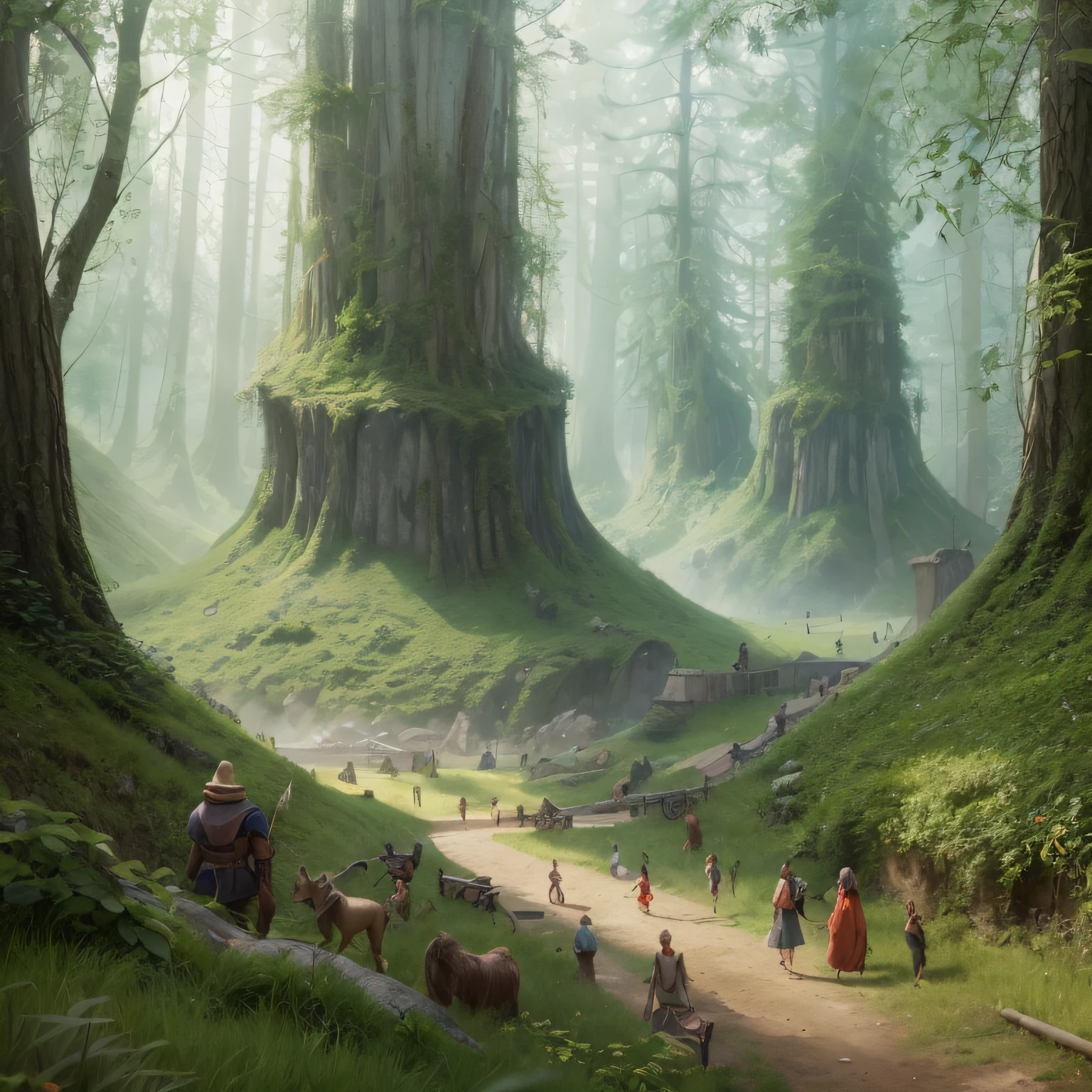 Subrealistic landscape of a fairy tale with a forest of goblins and fairies. Digital painting, artstation, concept art, soft focus, sharp, illustration.