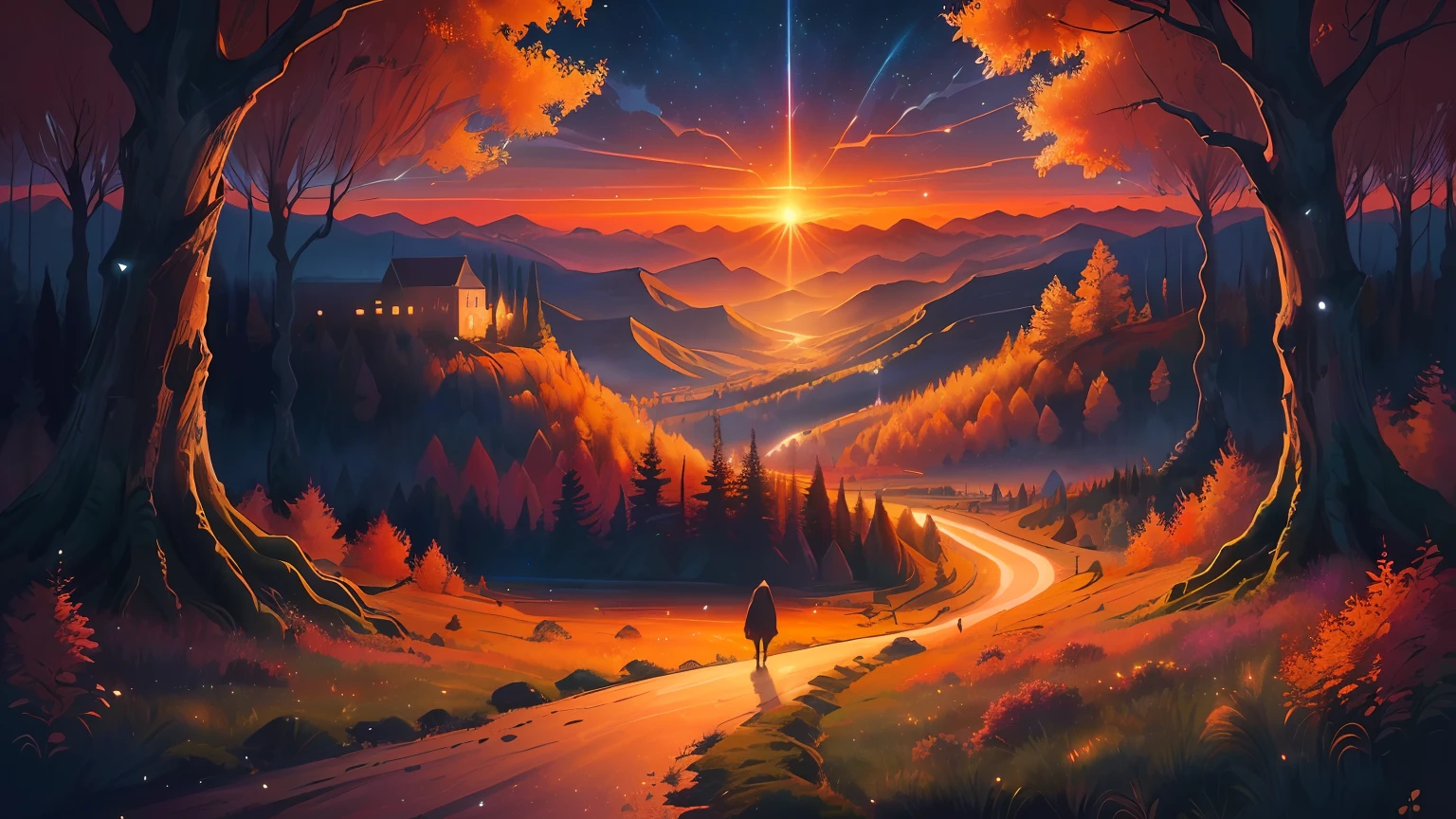 there is a painting of a sunset in the woods, beautifully lit landscape, background artwork, nighttime nature landscape, 4 k hd wallpaper illustration, calm night. digital illustration, 4 k hd illustrative wallpaper, abstract nature landscape, jen bartel, fantasy forest landscape, epic beautiful landscape, beautiful art uhd 4 k, landscape illustration, dreamy landscape, landscape wallpaper