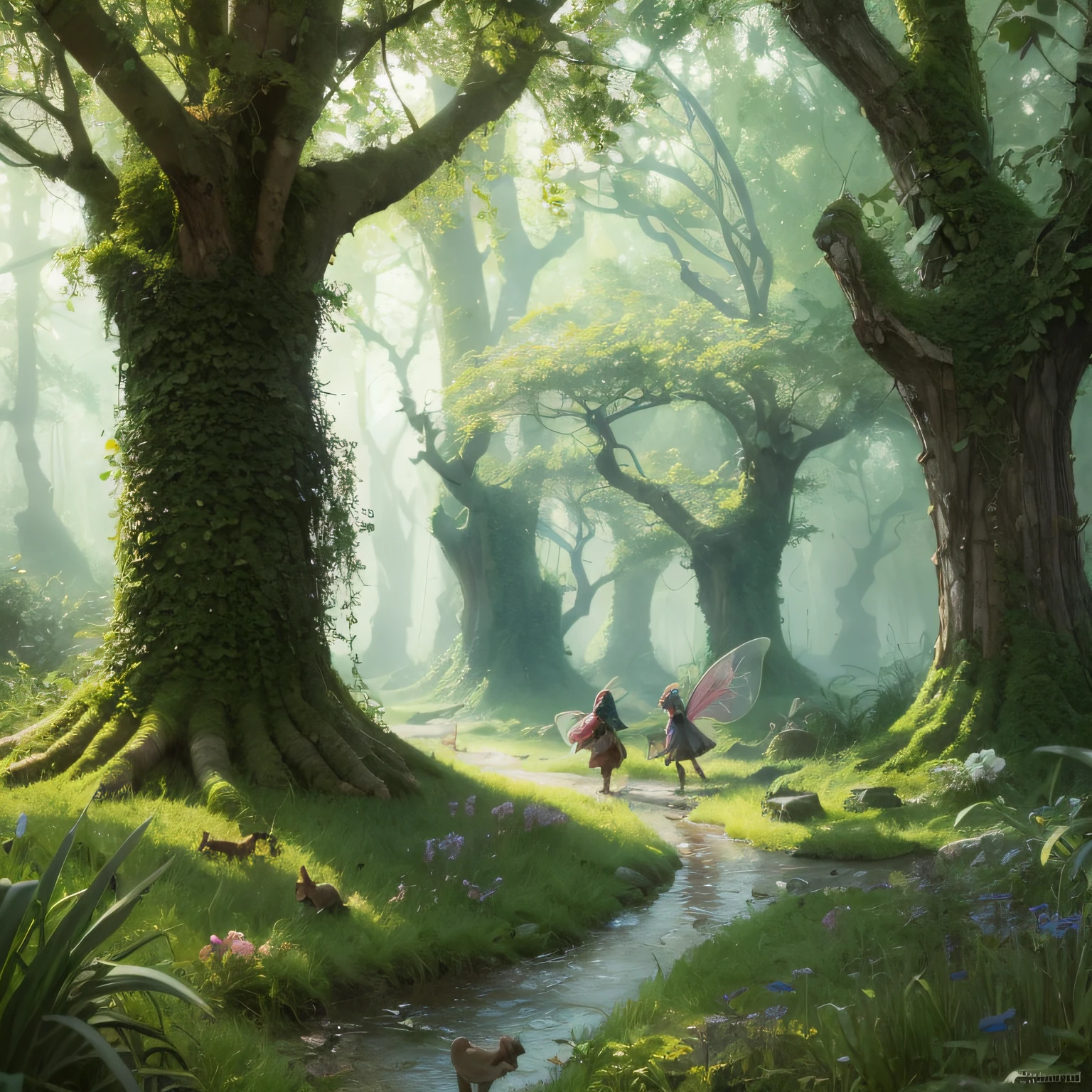Subrealistic landscape of a fairy tale with a forest of goblins and fairies. Digital painting, artstation, concept art, soft focus, sharp, illustration.