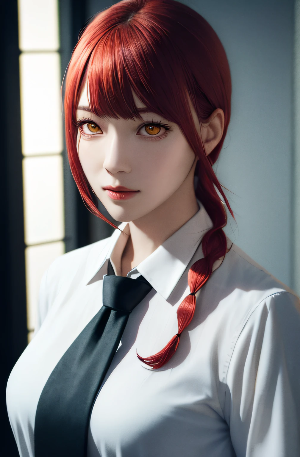 masterpiece, (photorealistic:1.4), best quality, beautiful lighting,
(ulzzang-6500:0.5), makima \(chainsaw man\), (red hair)+(long braided hair)+(bangs), yellow eyes, golden eyes, ((ringed eyes)), (white shirt), (necktie),
RAW photo, 8k uhd, film grain